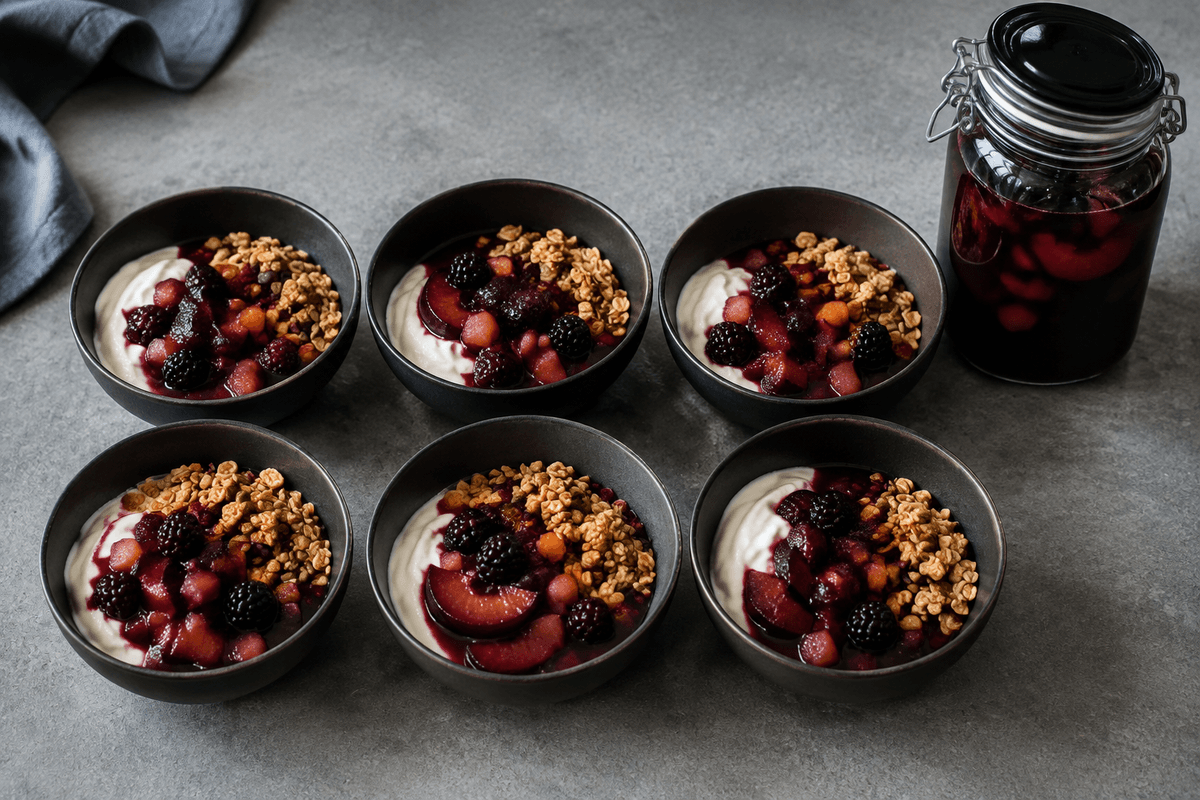 Seks skåle med romtopf, skyr og havreknas samt kølet romtopfkrukke