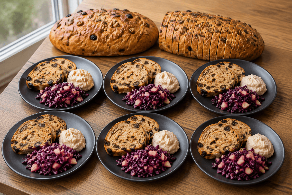 To rosinbrød med gulerod og valnød samt seks tallerkener med bønnecreme og kålsalat