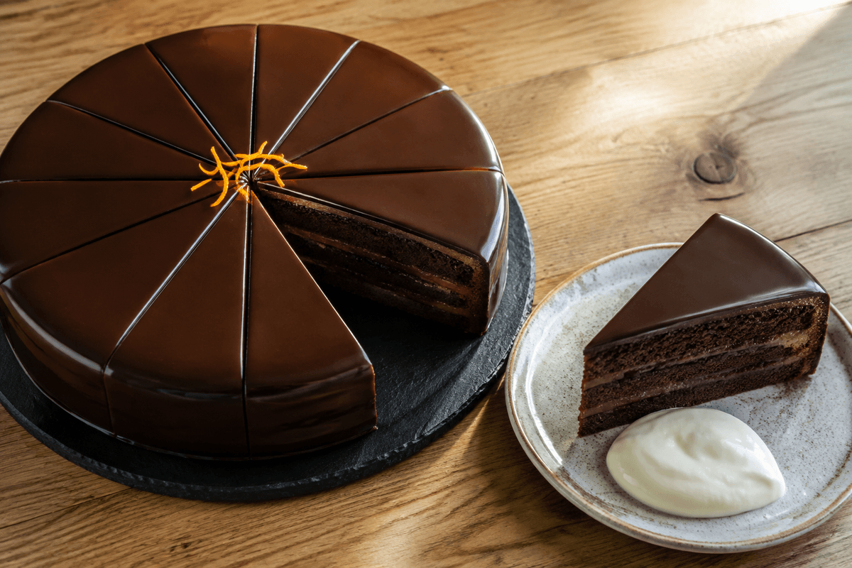 Blank sachertorte med tre chokoladelag, abrikos-solbærfyld og appelsinskyr