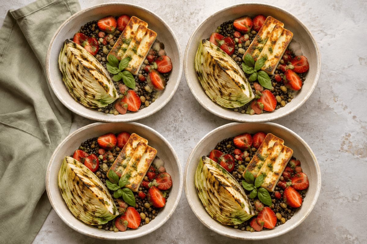 Fire skåle salat med jordbær, grillet spidskål, linser og halloumi