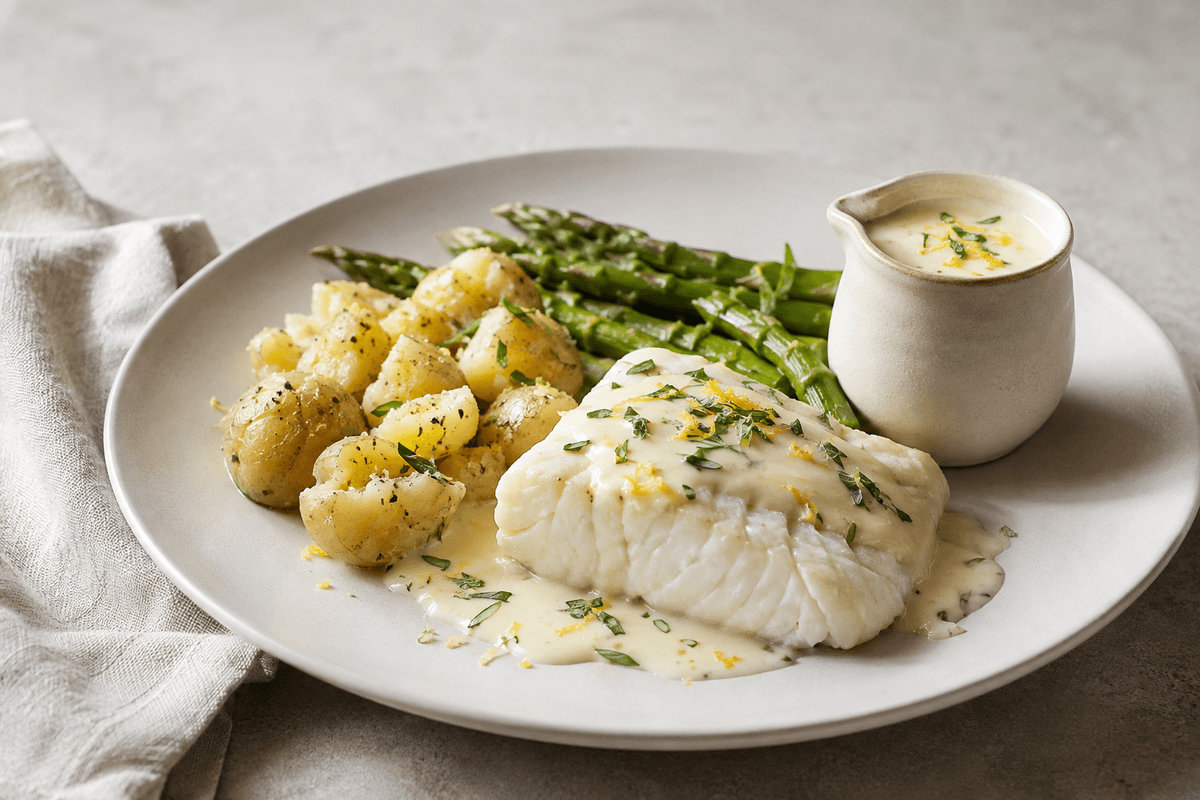 Sauce blanquette med citron og estragon over torsk med nye kartofler og grønne asparges