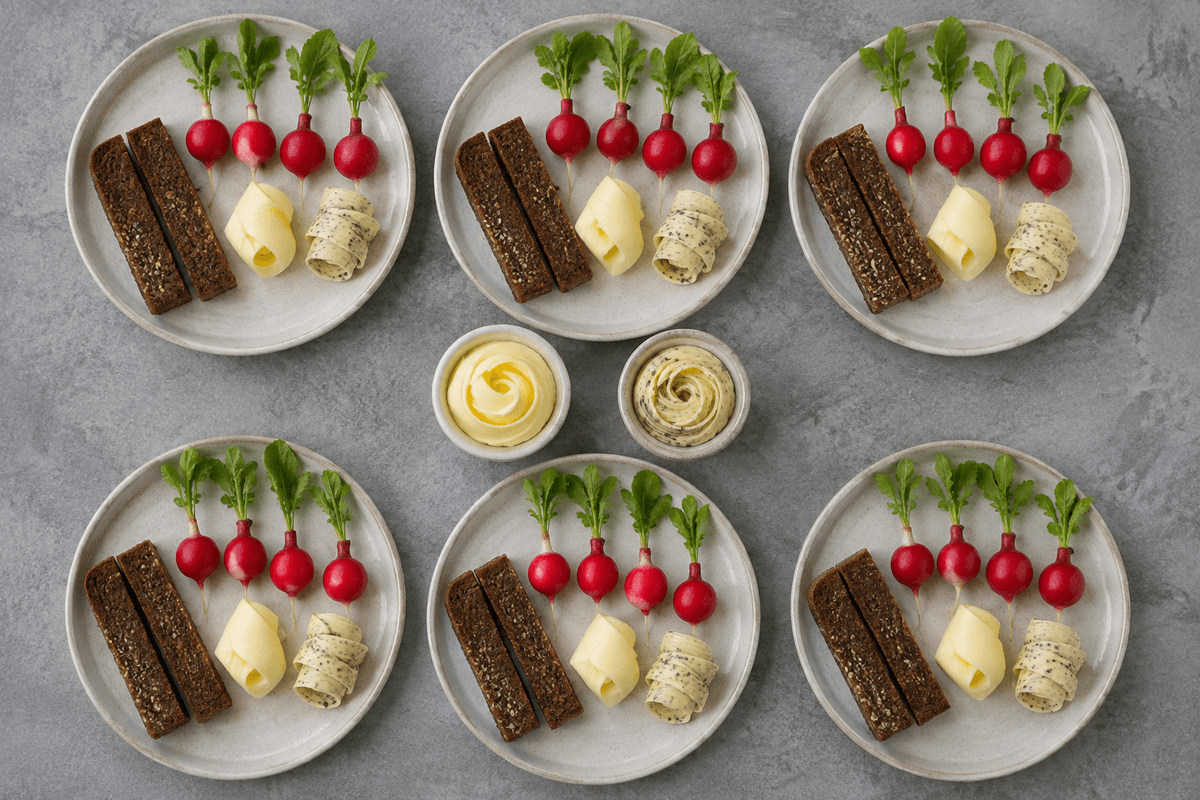 Seks serveringer af hjemmekærnet havsalt- og kommensmør med rugbrød og radiser