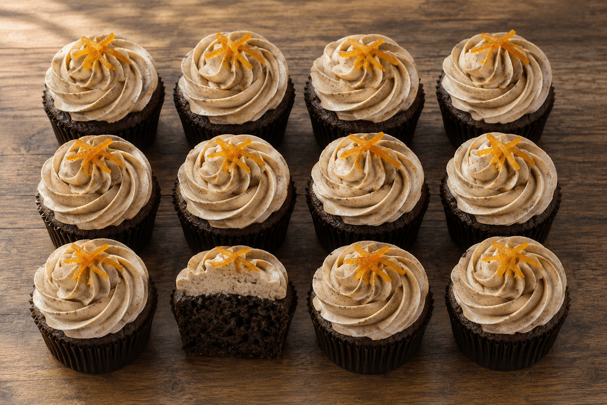 Tolv kakaocupcakes med espresso-appelsin-smørcreme og brunet smør