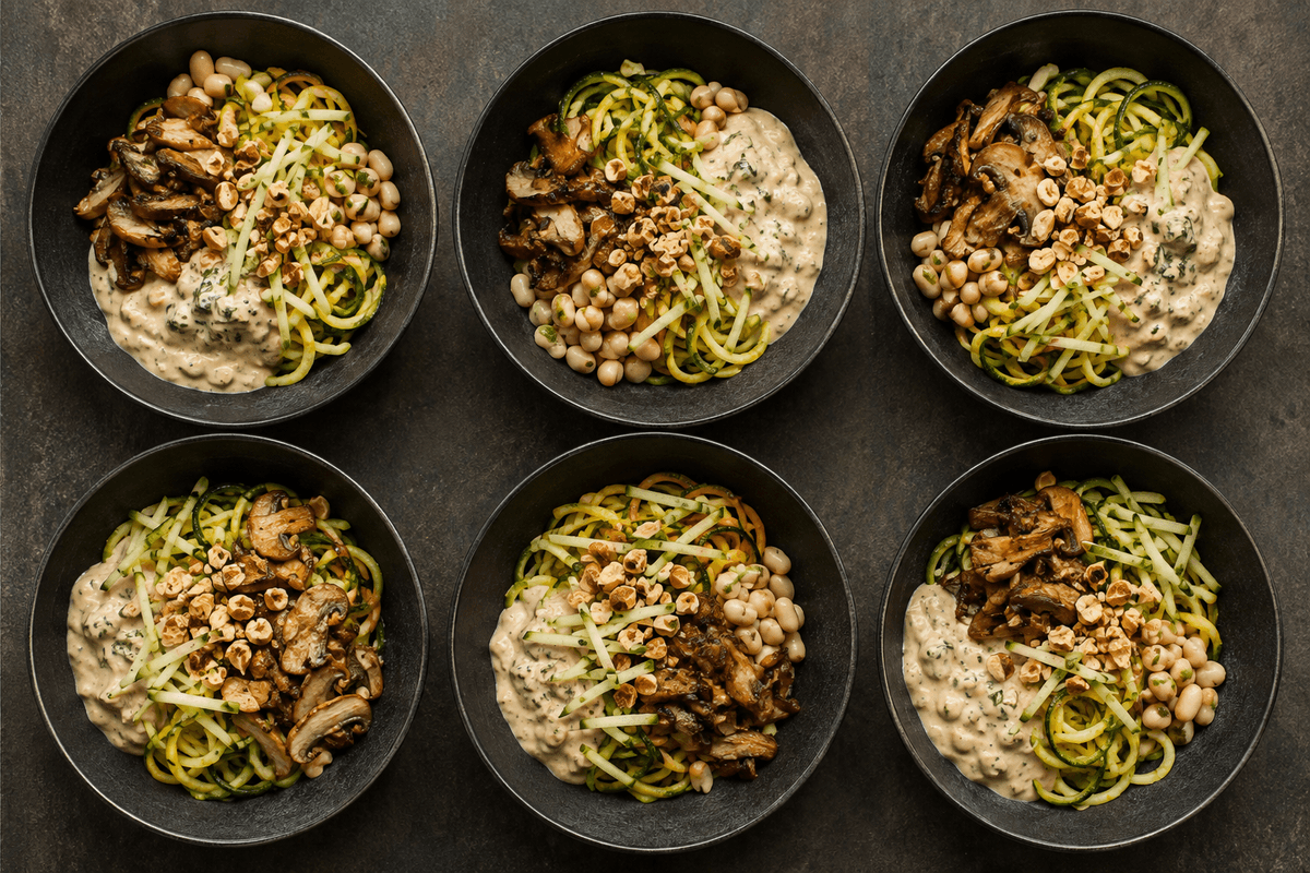 Seks skåle squashpasta med østershatte, hvide bønner, æble og hasselnød