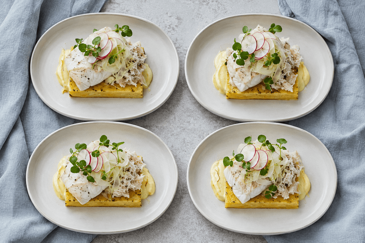 Fire stjerneskud på sprød polenta med kuller, krabbe og safrancreme