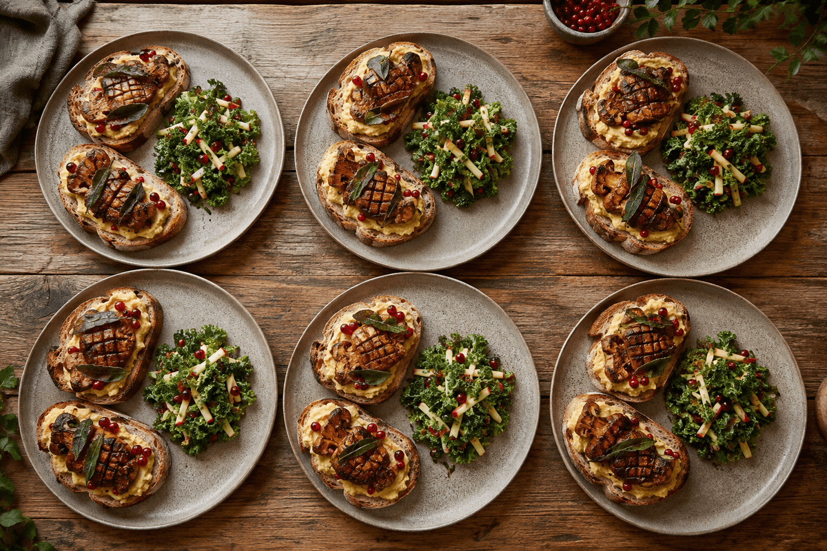 Seks tallerkener svampetoast med blomkålscreme, salvie, ribs og grønkål