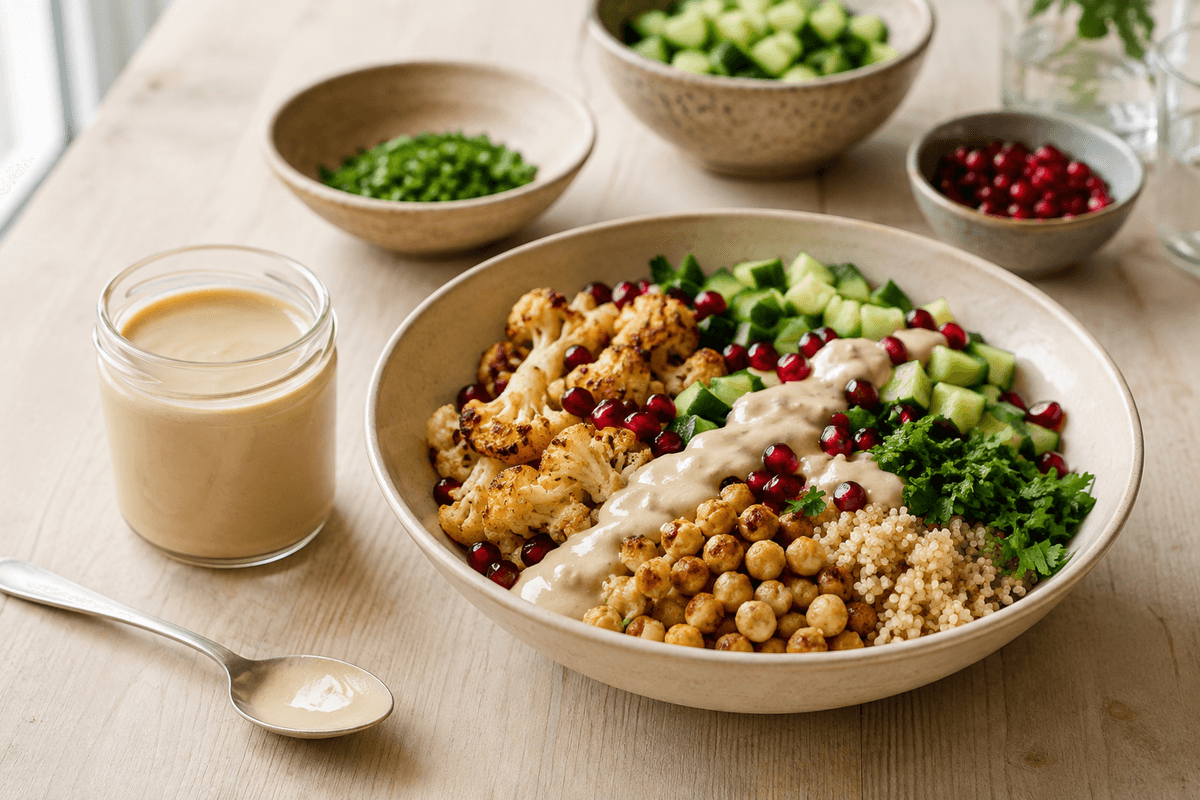 Hjemmelavet tahin og blomkålsskål med kikærter, quinoa, agurk, granatæble og citron-tahinsauce