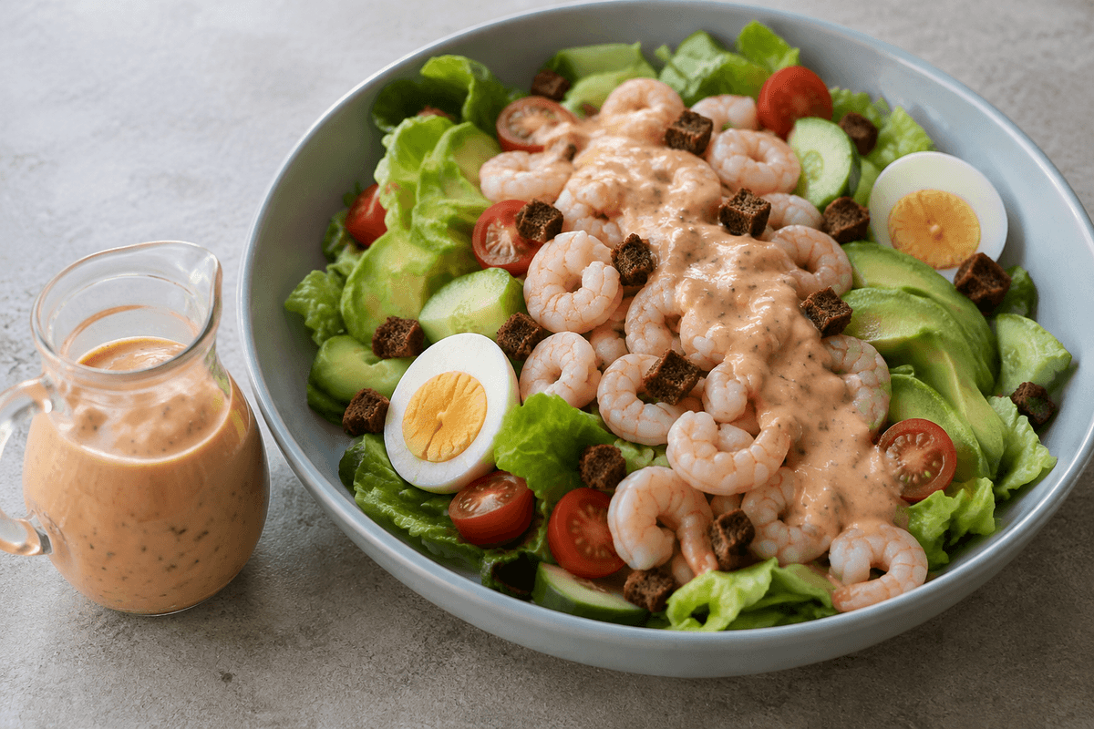 Thousand Island-dressing med rejesalat, æg, avocado, grønt og sprøde rugcroutoner