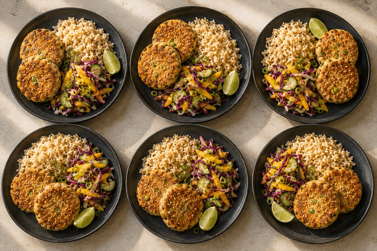 Seks tallerkener med tunfrikadeller, fuldkornsris og mango-agurkeslaw