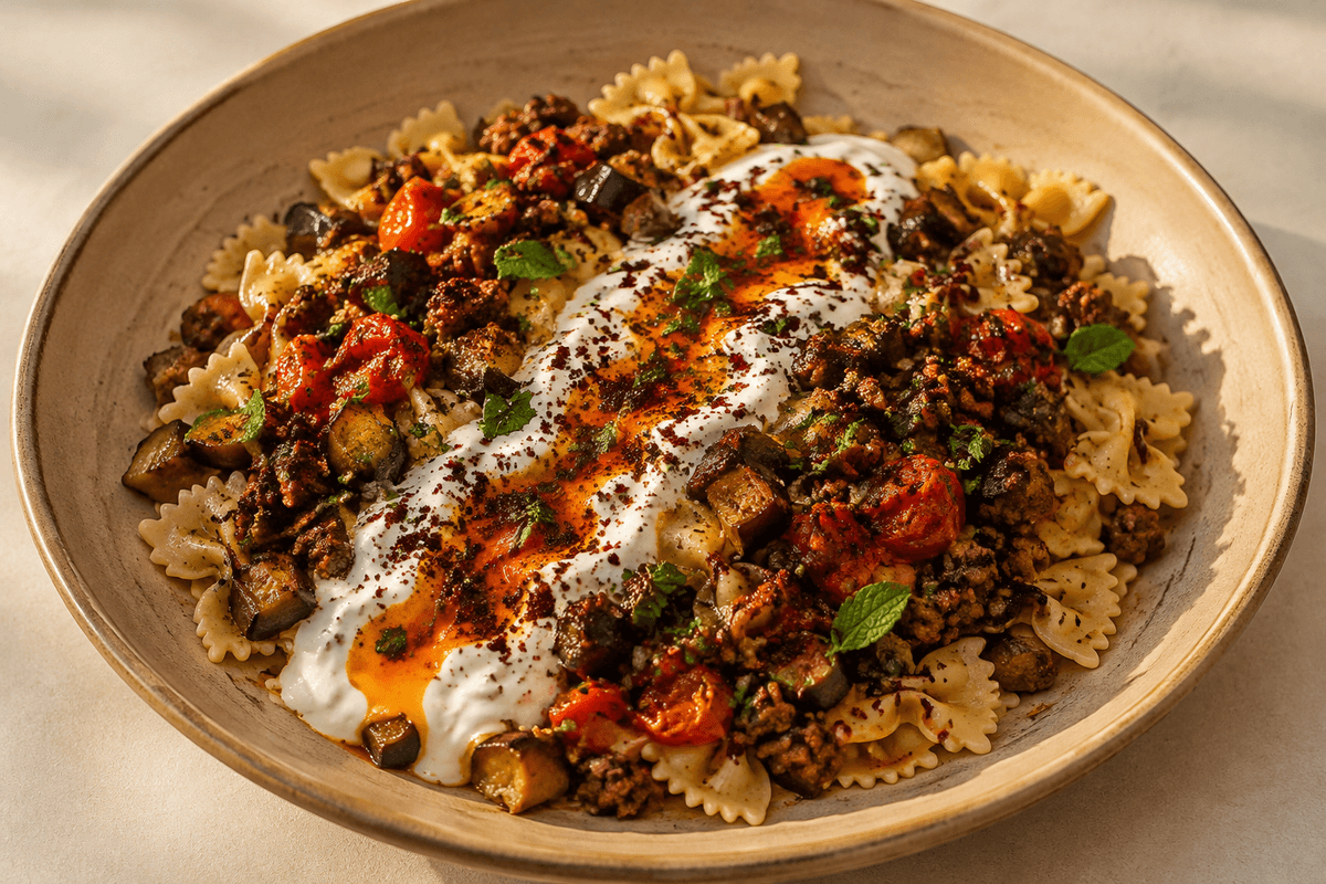 Tyrkisk pasta med farfalle, hvidløgsyoghurt, krydret oksekød, aubergine, tomat og paprikasmør