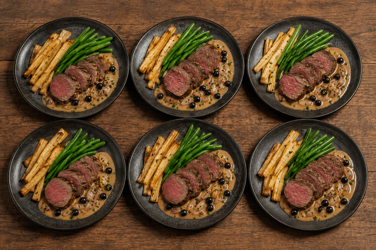 Seks tallerkener med oksemedaljon, pastinak, grønne bønner og whiskysauce