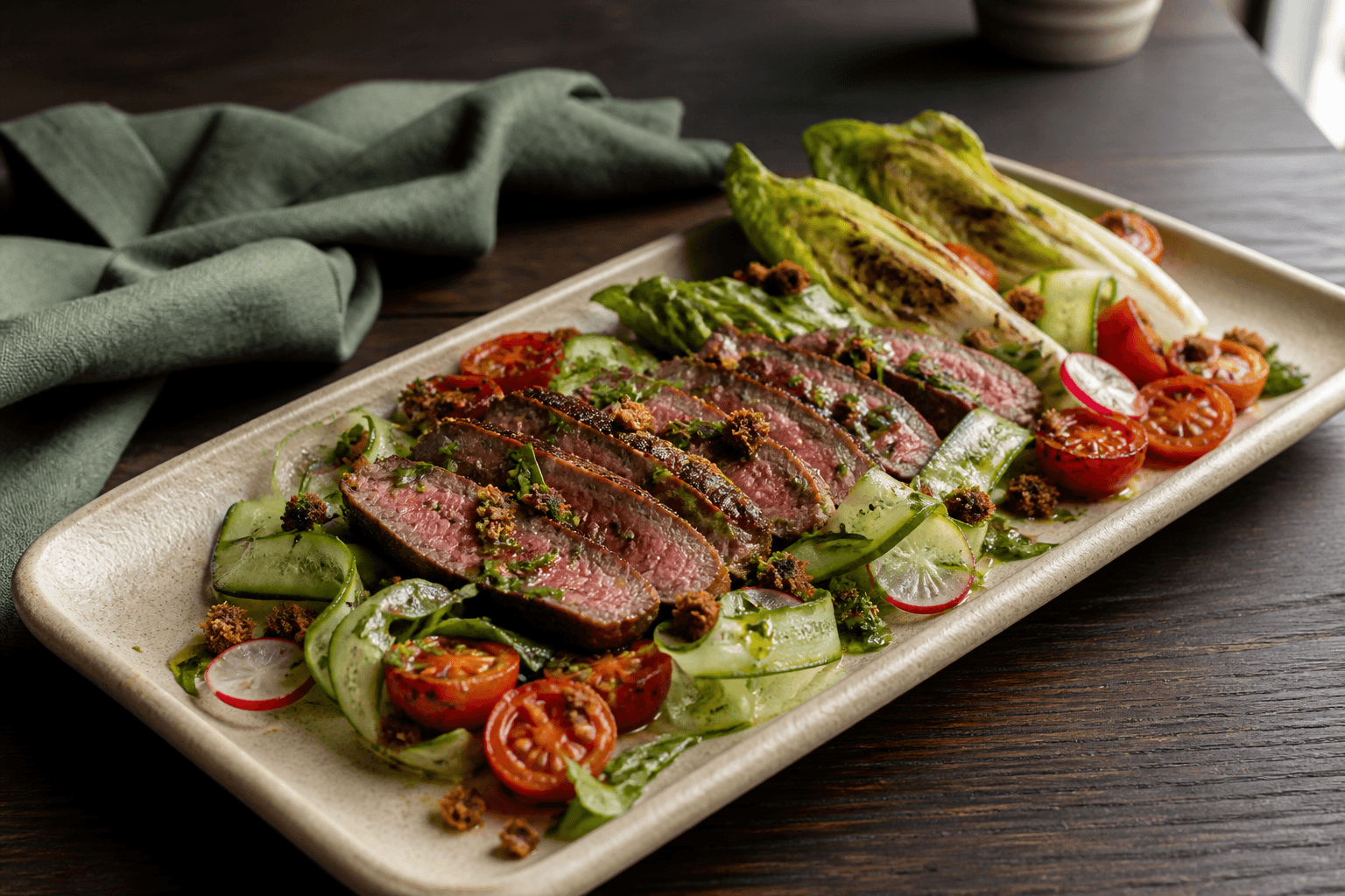 Madblikkets opskriftsvisning med lun steaksalat på en Android-telefon