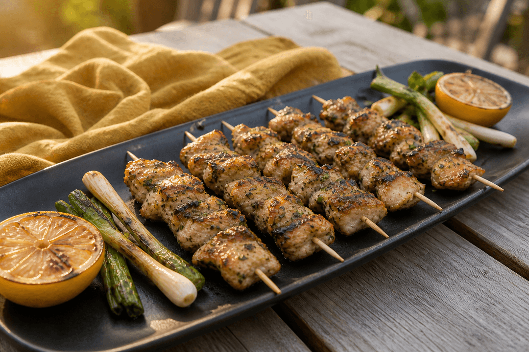 Citronmarinerede kyllingespyd med ristet hvidløgssmør, grillede citroner og forårsløg
