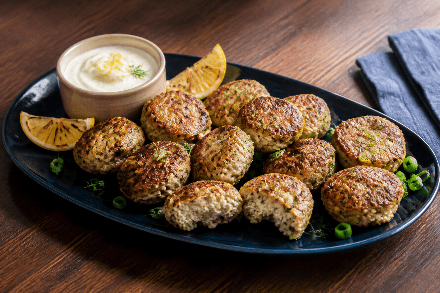Kyllingefrikadeller med squash, citron og urter på mørkeblåt ovalt fad med citroncreme