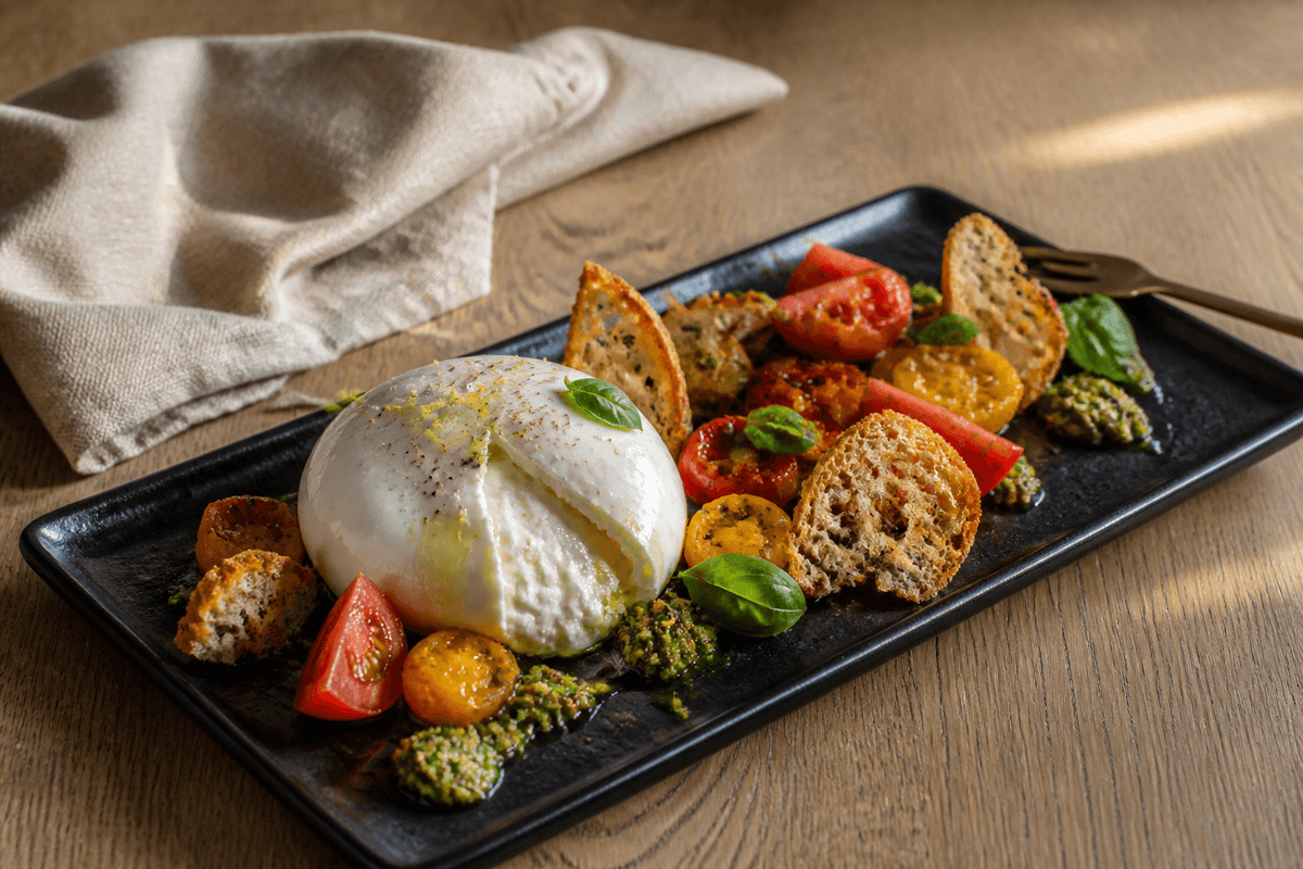 Burrata med langsomtbagte røde og gule tomater, pistaciepesto og sprødt surdejsbrød på sort aflangt fad