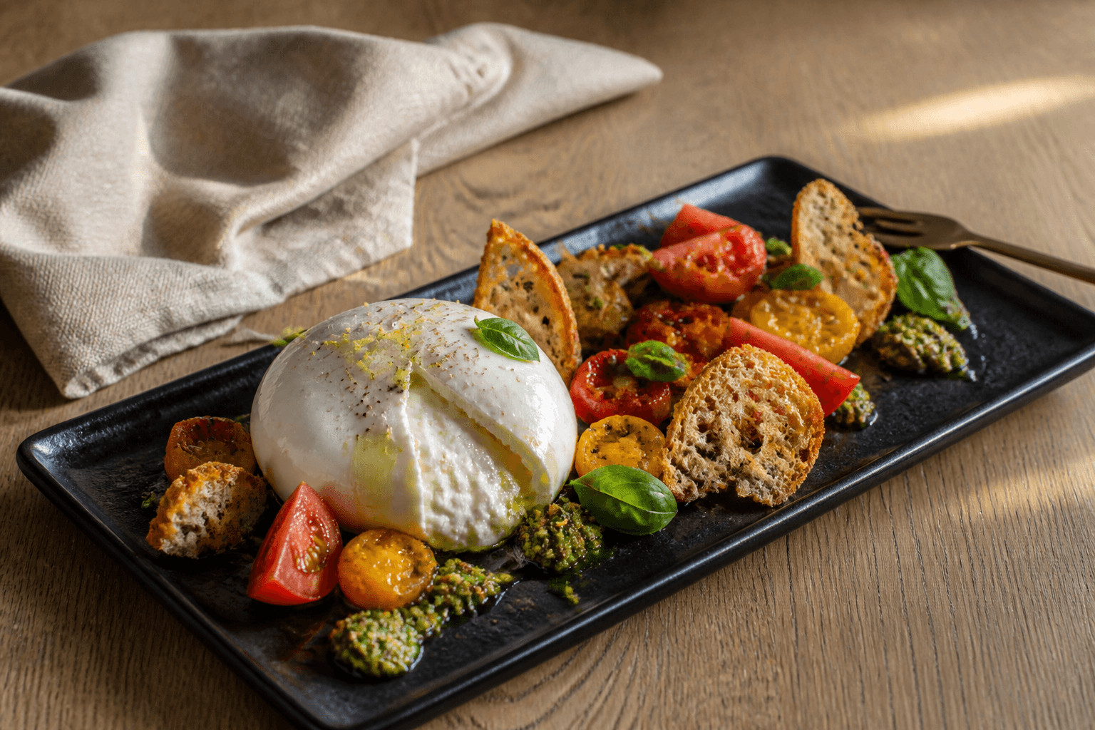 Burrata med langsomtbagte røde og gule tomater, pistaciepesto og sprødt surdejsbrød på sort aflangt fad