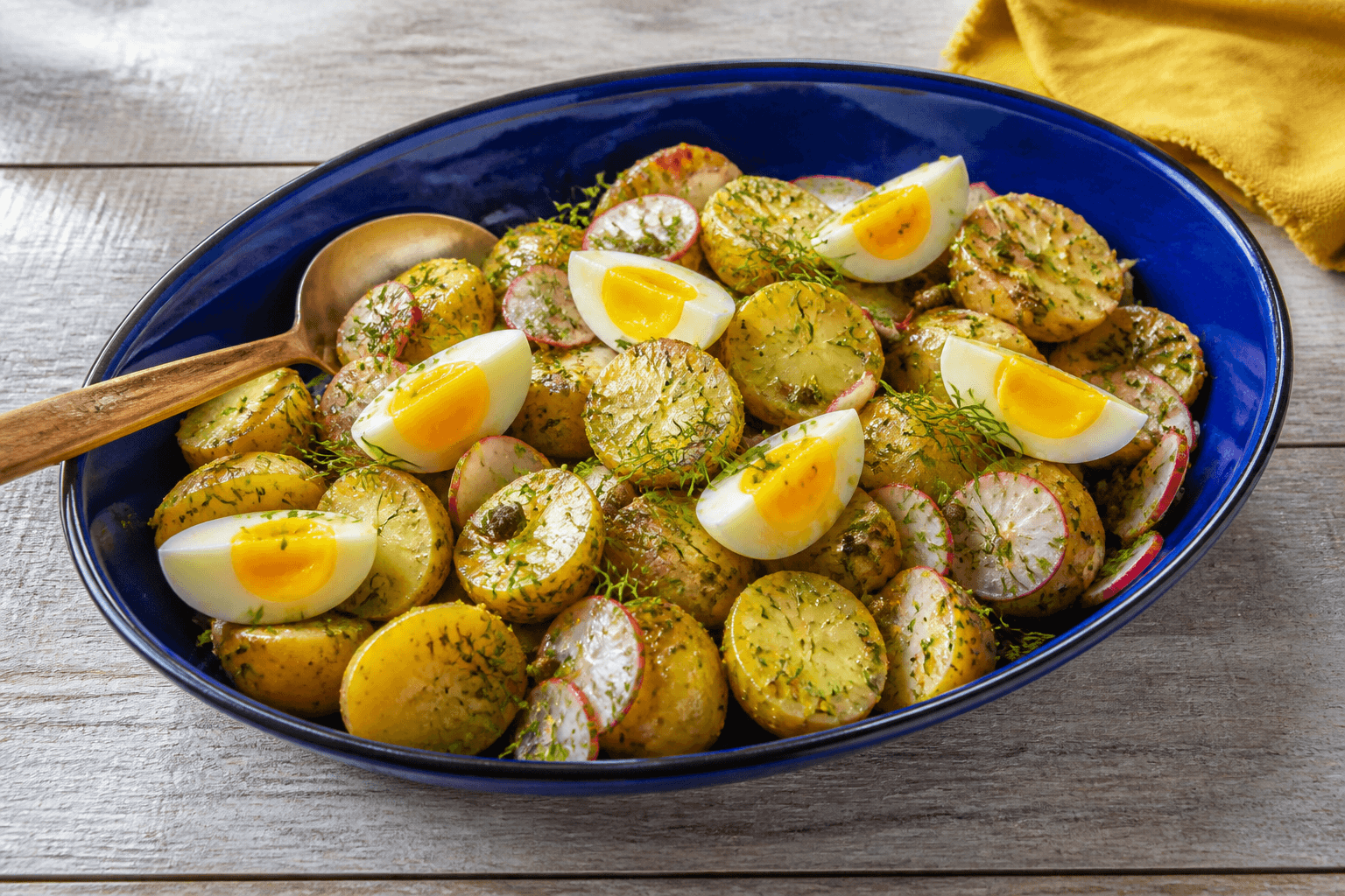 Lun kartoffelsalat med smilende æg, radiser, dild og kapers i dyb koboltblå emaljeskål