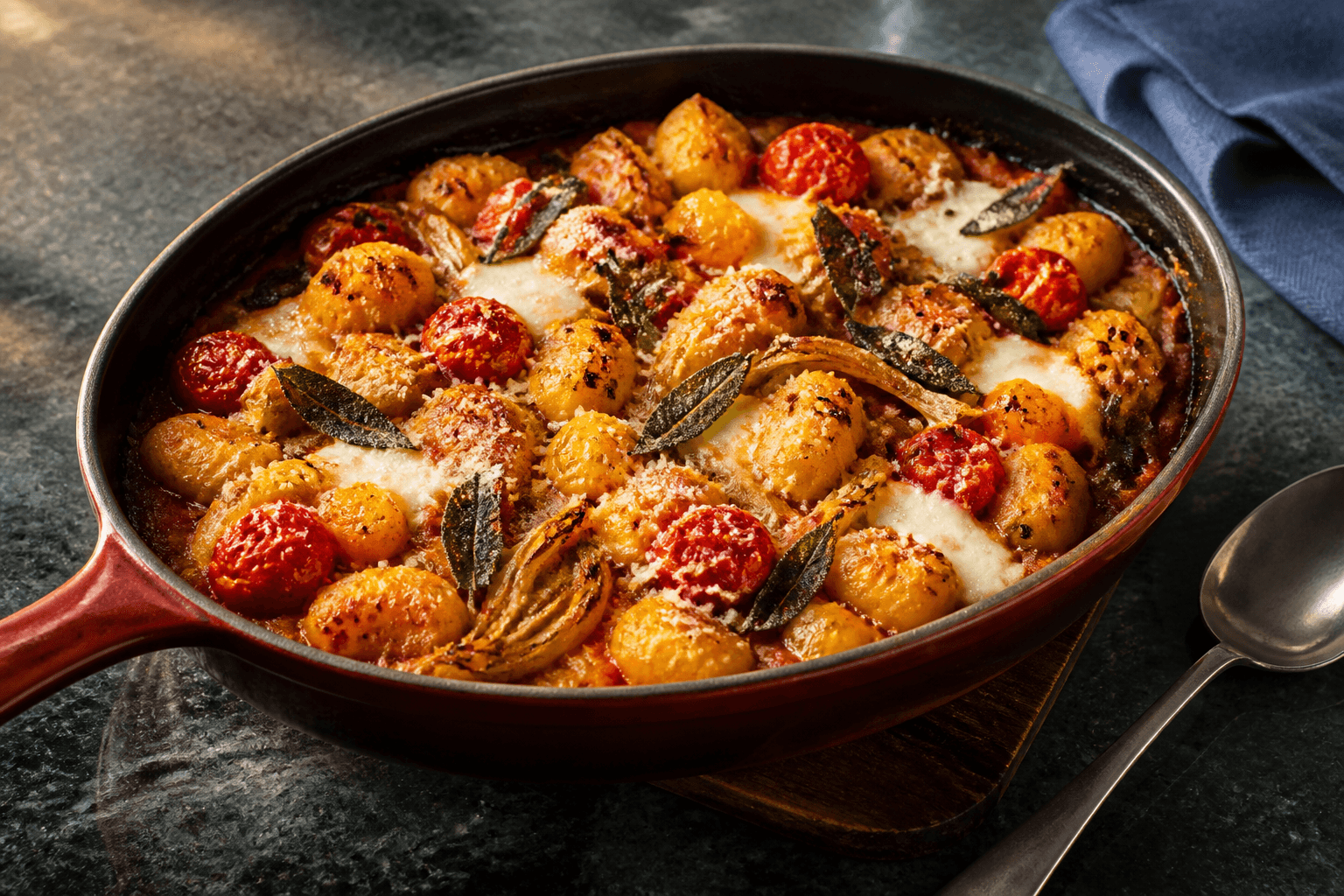 Ovnbagt gnocchi med tomater, ristet fennikel, mozzarella og sprøde salvieblade i rustfarvet ovnpande