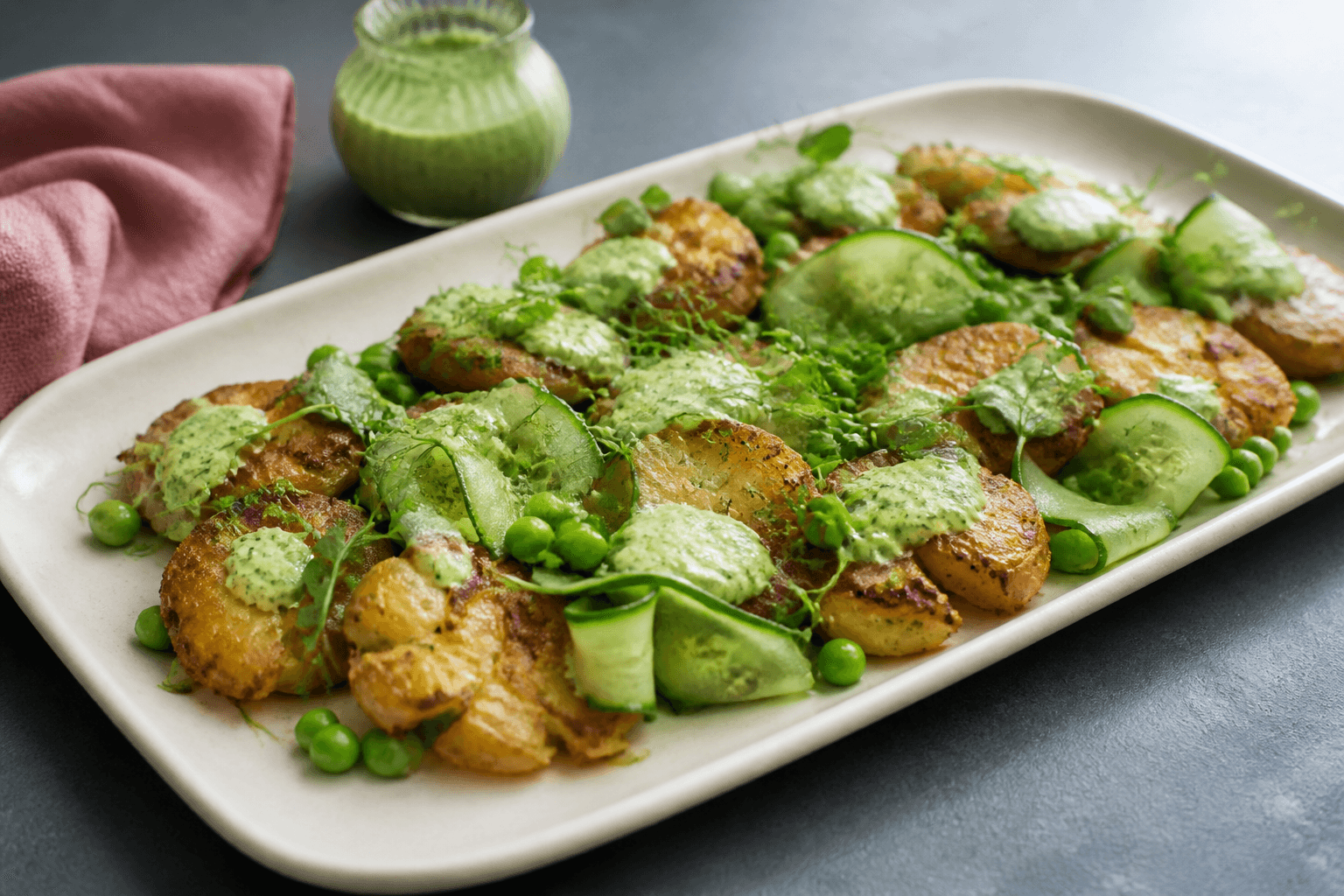 Sprøde knuste kartofler med ærter, agurkebånd og grøn kærnemælksdressing på aflangt lyst fad