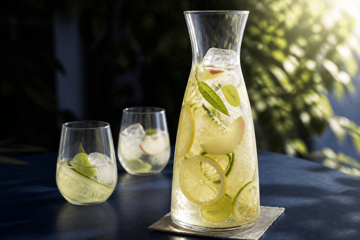 Hvid sangria med fersken, agurk, grønne druer, citron og is i høj klar karaffel på mørkeblåt terrassebord