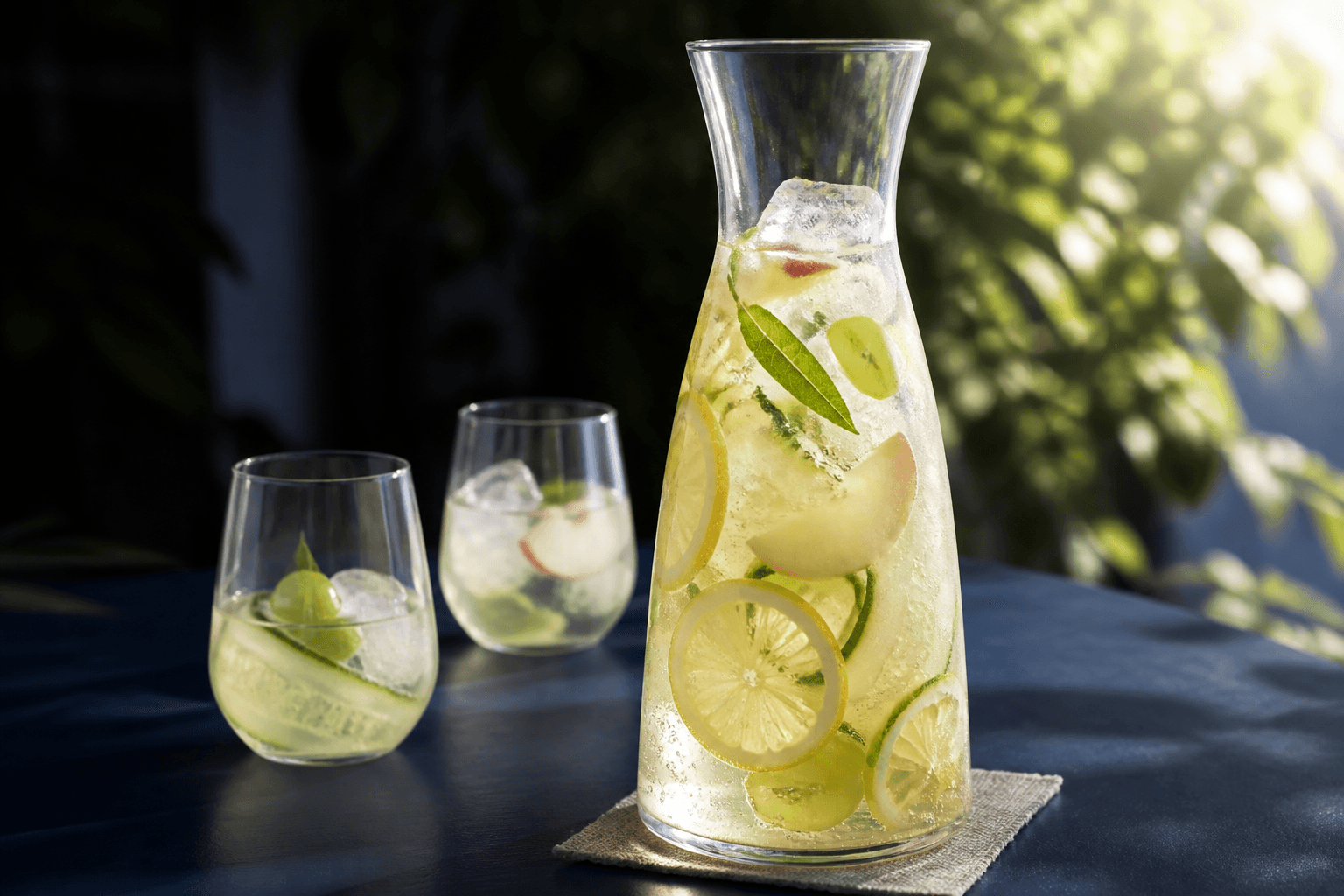 Hvid sangria med fersken, agurk, grønne druer, citron og is i høj klar karaffel på mørkeblåt terrassebord