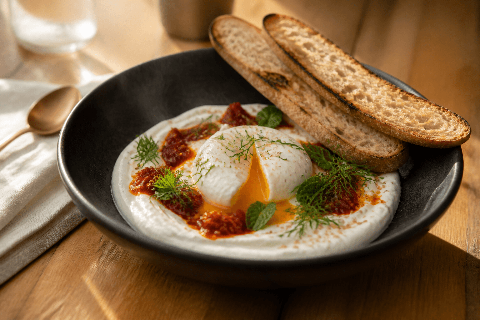 Citronyoghurt med pocheret æg, sprøde ndujakrummer, dild, mynte og grillet surdejsbrød i sort skål