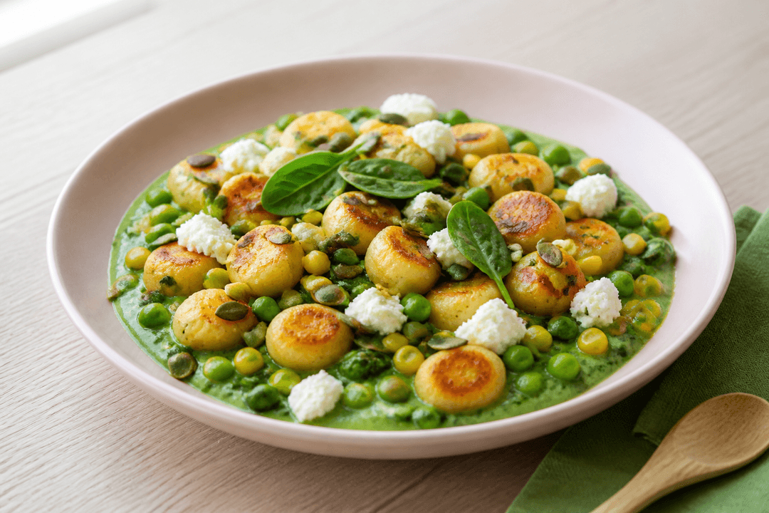 Gylden pandestegt gnocchi med ærter, majs, ricotta og græskarkerner på grøn spinatcreme i rosa skål
