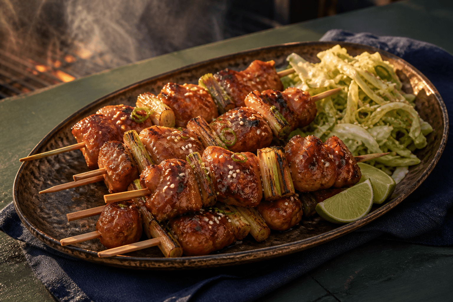 Glaserede teriyaki-kyllingespyd med grillet forårsløg, sesamkål og lime på mørkt messingfad
