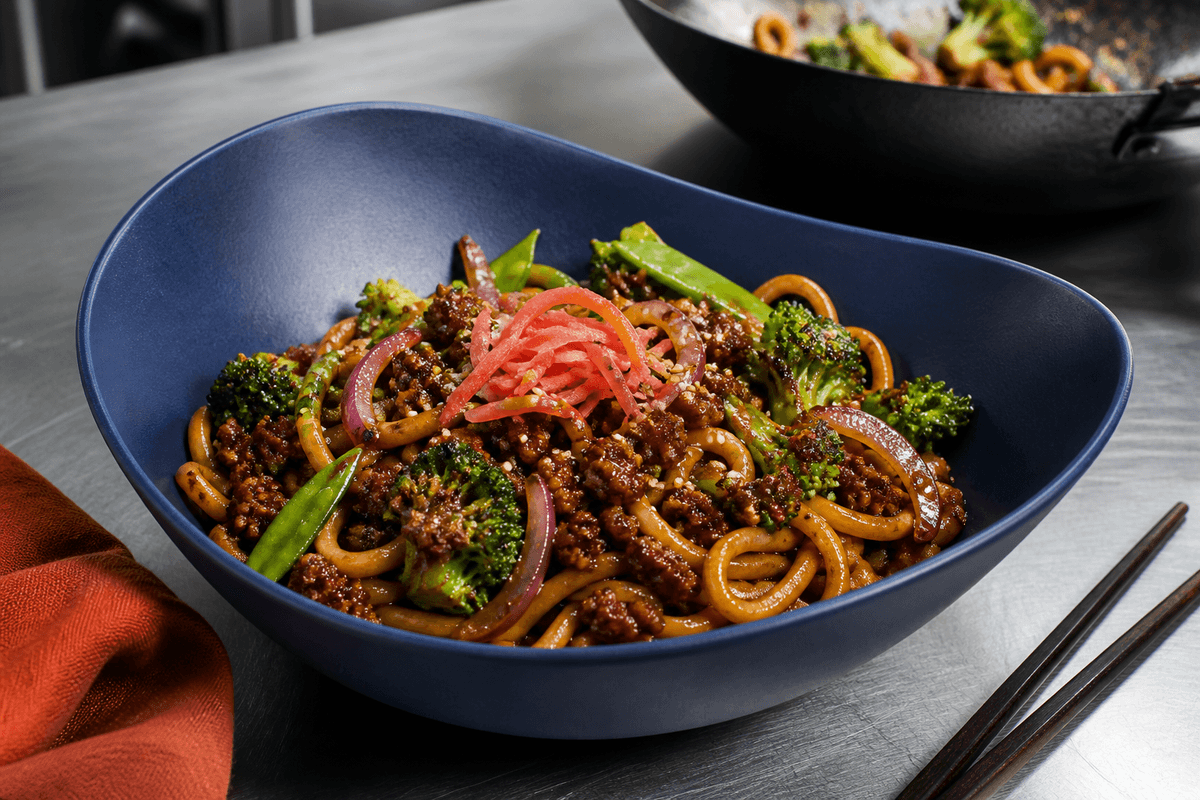 Teriyaki-wok med udonnudler, sprødstegt hakket oksekød, broccoli, sukkerærter og syltet ingefær i koboltblå skål