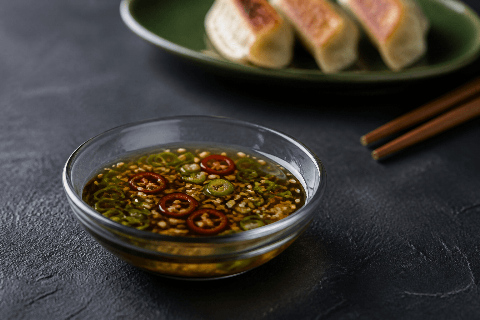 Ravfarvet gyoza-dipsauce med forårsløg, chili, ingefær og ristet sesam i lille røgfarvet glasskål