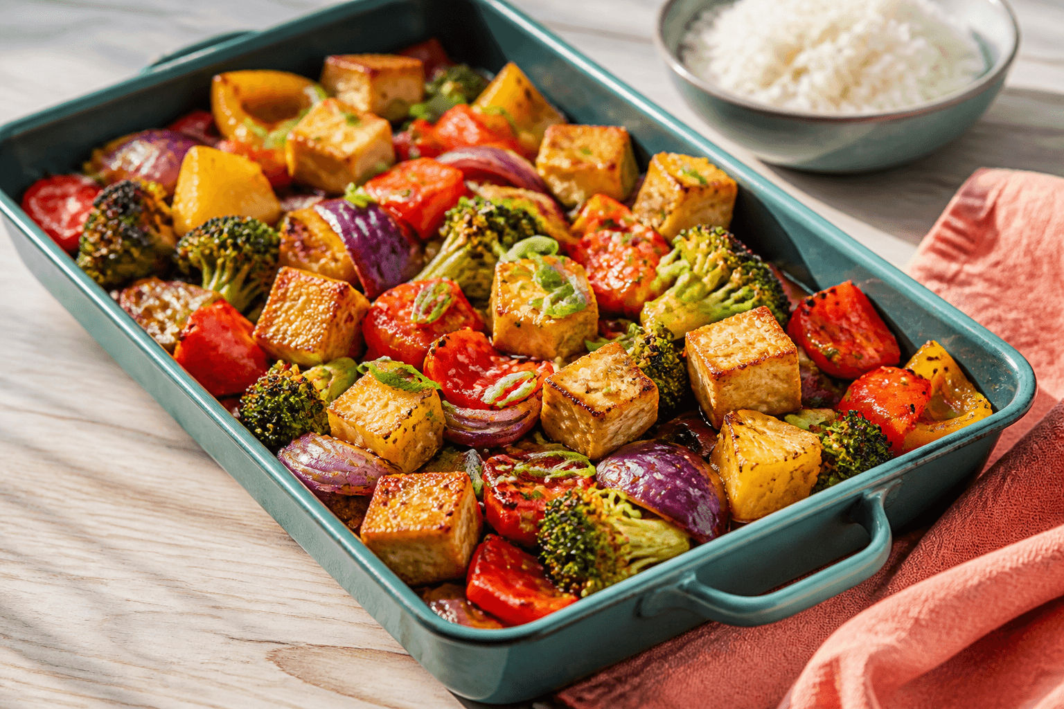 Sur-søde grøntsager med sprød tofu, ananas, peberfrugt og broccoli i blank ingefærglaze i turkis ovnfad