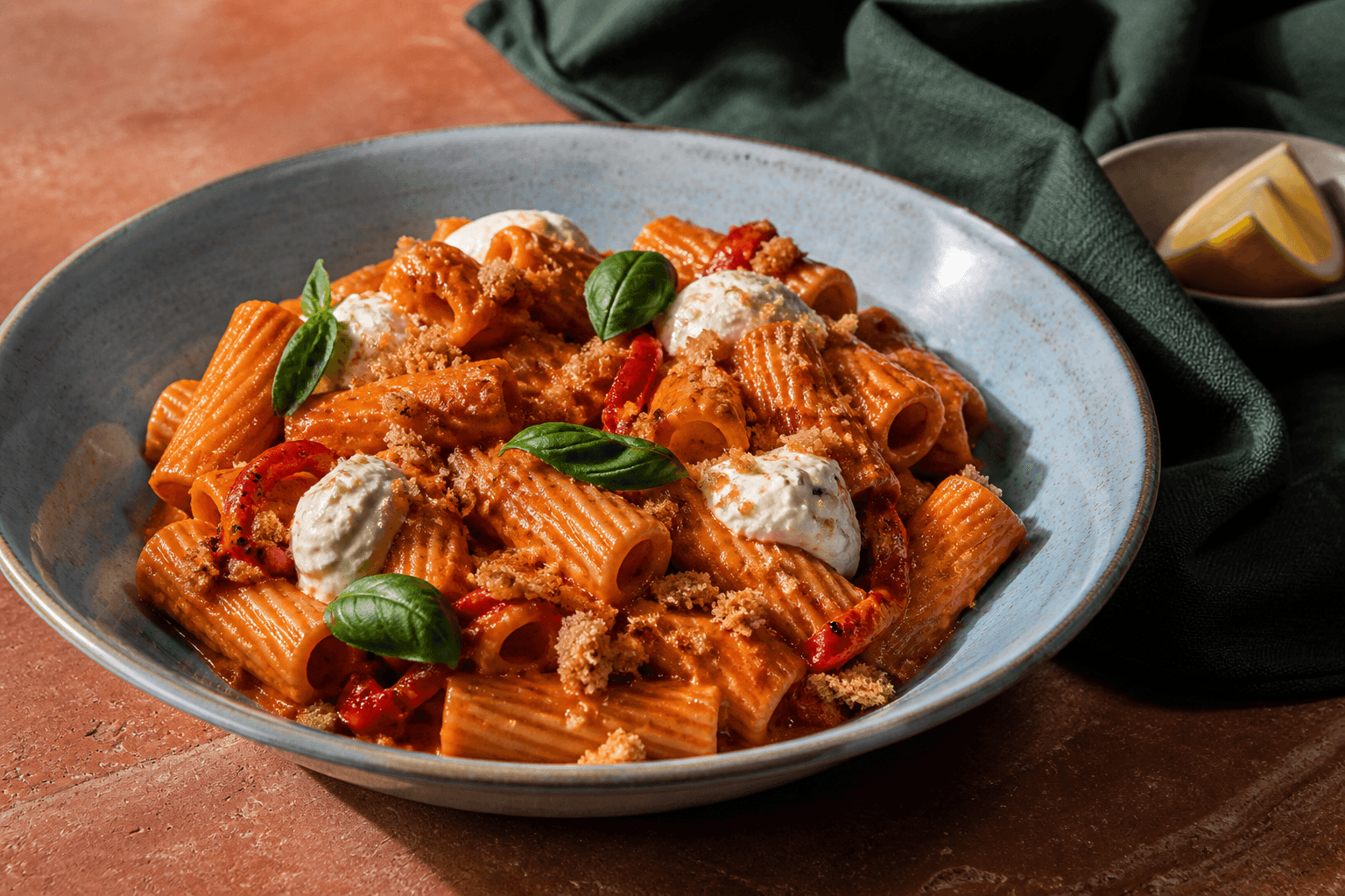 Rigatoni i orange ndujasauce med grillede peberfrugter, citronmascarpone, basilikum og sprød brødcrunch i lyseblå skål