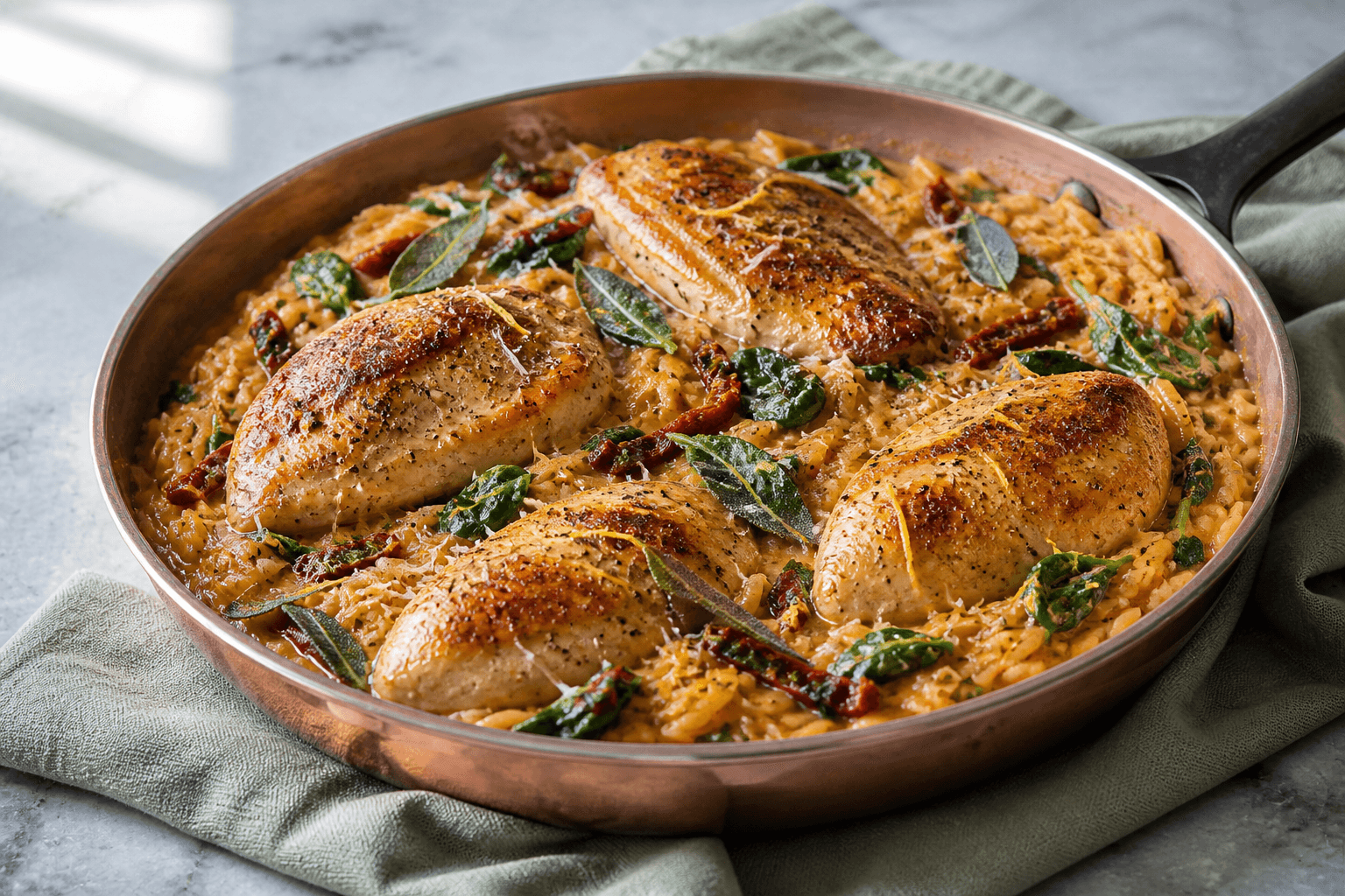 Cremet citronkylling med orzo, spinat, soltørrede tomater og sprød salvie i lav kobberfarvet pande