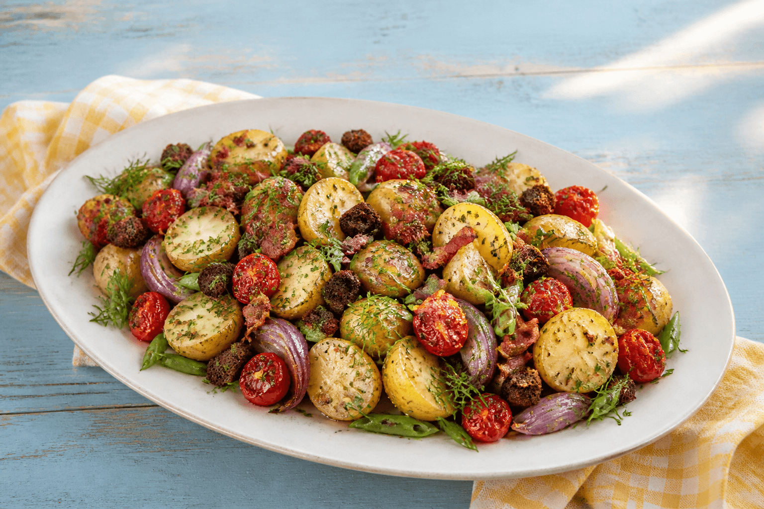 Lun kartoffelsalat med bagte tomater, sennepsvinaigrette, grønne bønner, dild og sprød baconcrunch på cremefarvet fad