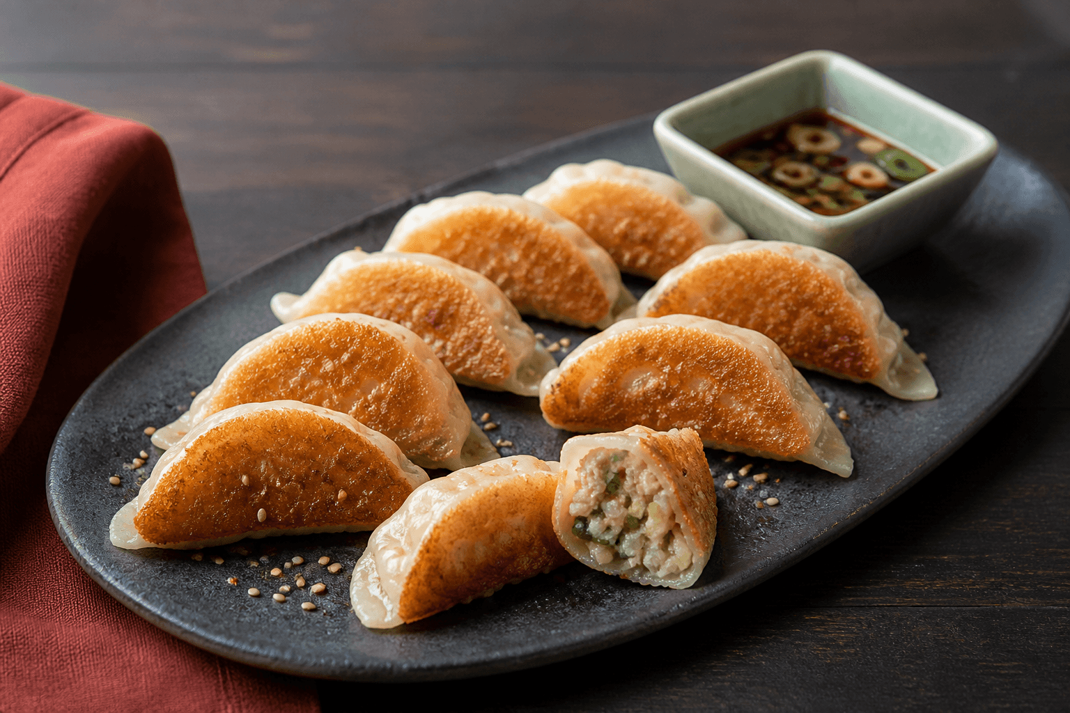 Sprødstegte svinegyoza med saftigt kål-purløgsfyld og ingefær-chilidip på langt sort stentøjsfad