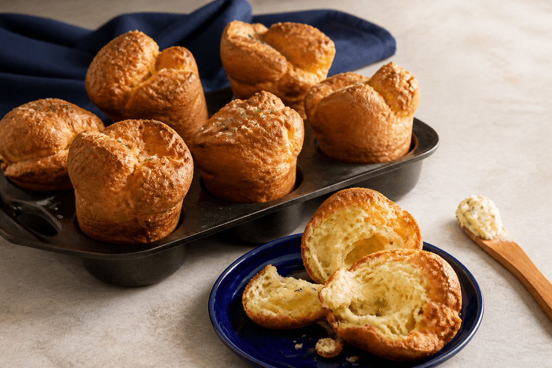 Højt hævede gyldne popovers med Gruyère og timian i mørk støbejernsform samt én åbnet på koboltblå tallerken