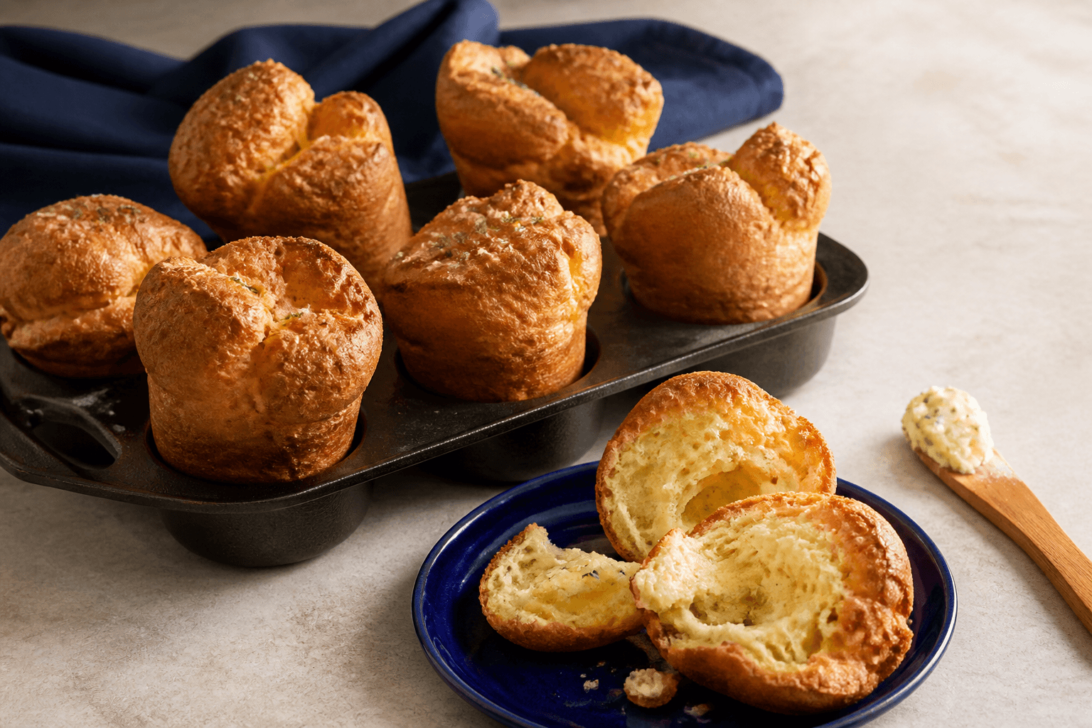 Højt hævede gyldne popovers med Gruyère og timian i mørk støbejernsform samt én åbnet på koboltblå tallerken