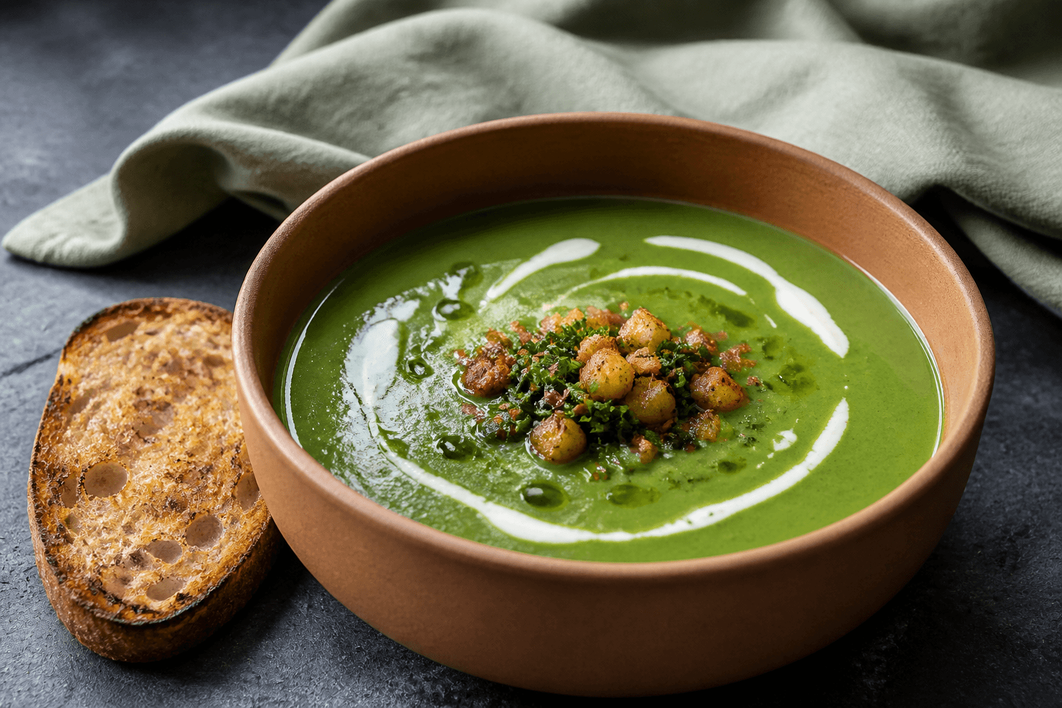 Silkeblød ramsløg-kartoffelsuppe i terrakottaskål med brunede kartoffeltern, sprød rugcrunch, creme og grøn olie
