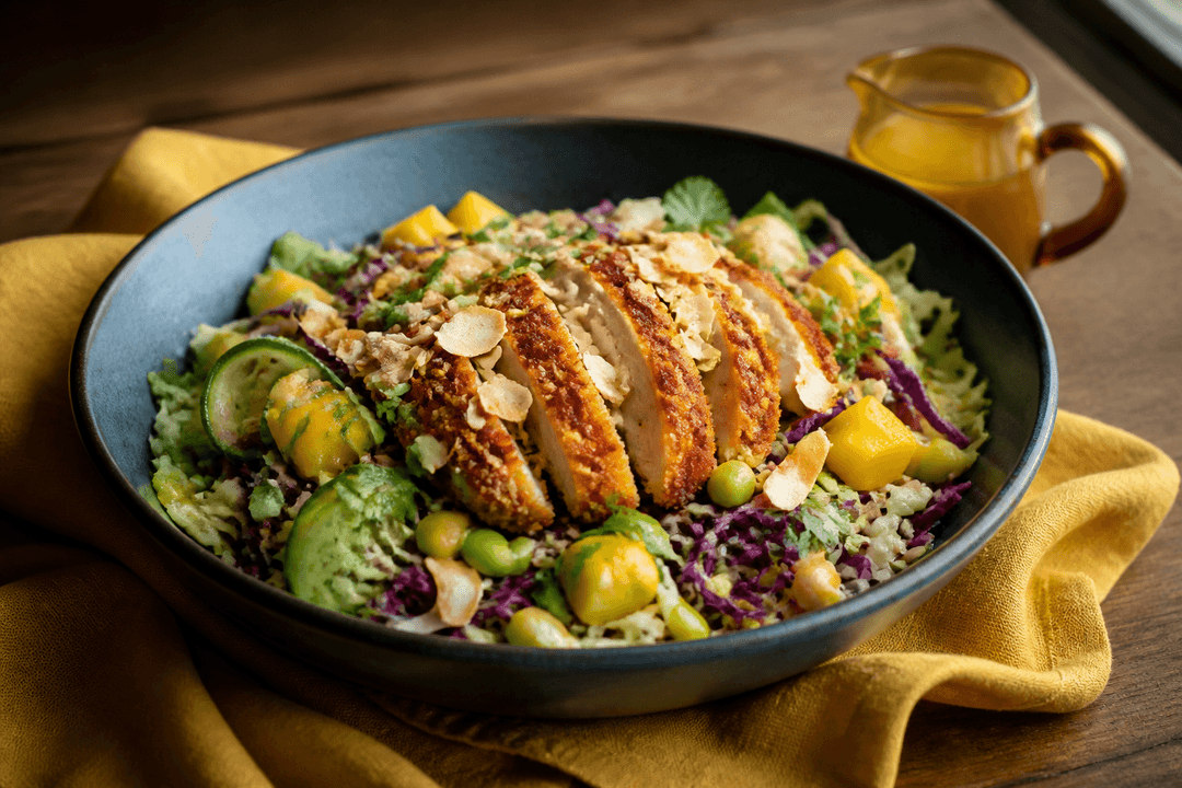 Sprød kålsalat med mangotern, edamame, agurk, skiver af pankokylling og kokos-peanutcrunch i petrolblå skål