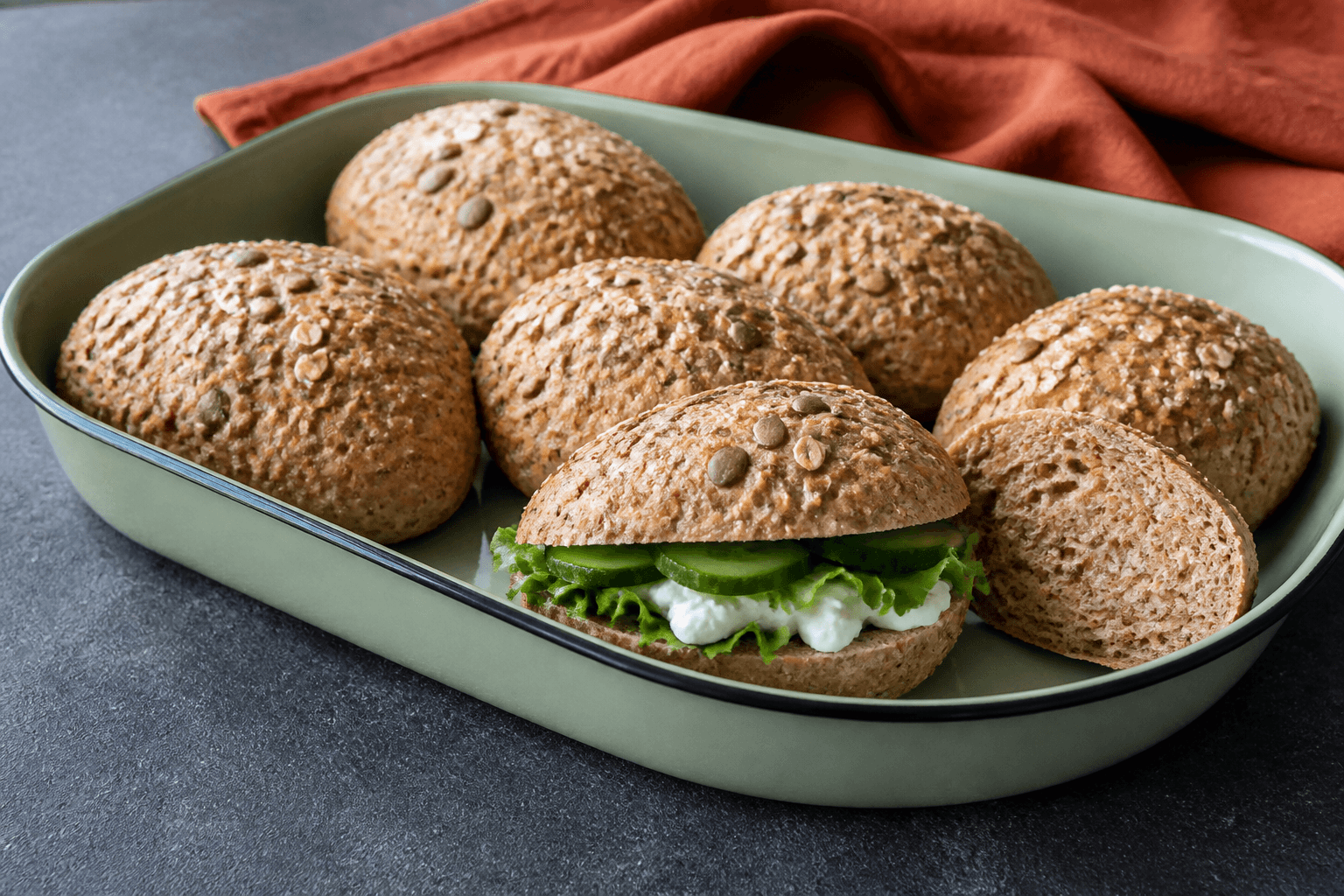 Gyldne kerneboller med hytteost, gulerod og rug i salviegrøn emaljeform samt én fyldt madpakkebolle med salat, agurk og ost