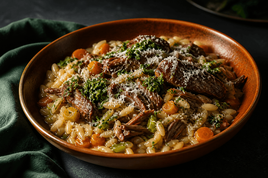 Cremet orzo med store stykker rødvinsbraiseret lam, gulerod, selleri, hård ost og citron-persillegremolata i brændt orange skål