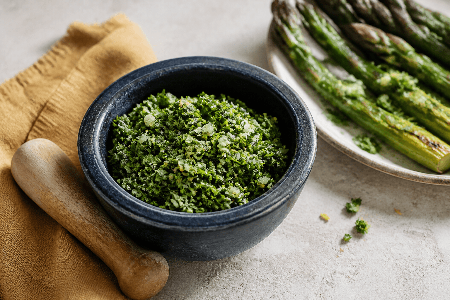 Grov grøn gremolata med persille, citronskal, hvidløg, kapers og pistacie i lille mørkeblå morter ved grillede asparges
