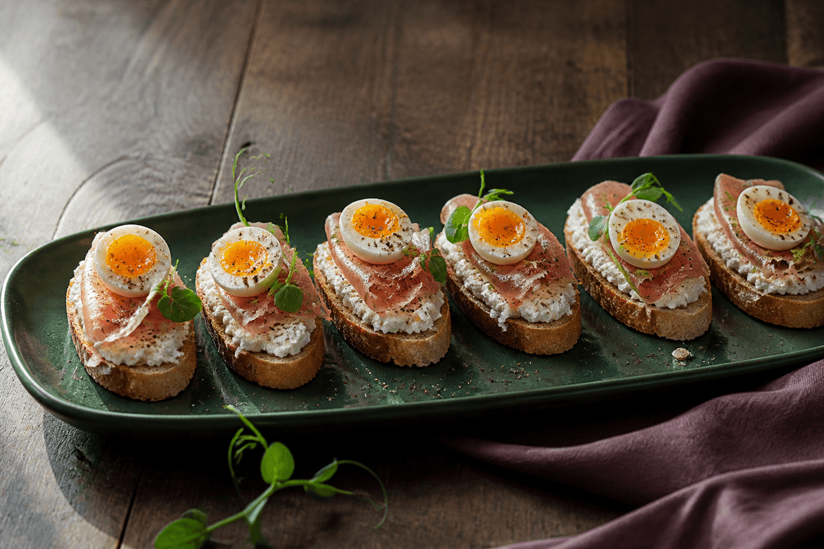Seks sprøde crostini med citronricotta, foldet parmaskinke, smilende vagtelæg, ærteskud og sort peber på mørkegrønt fad