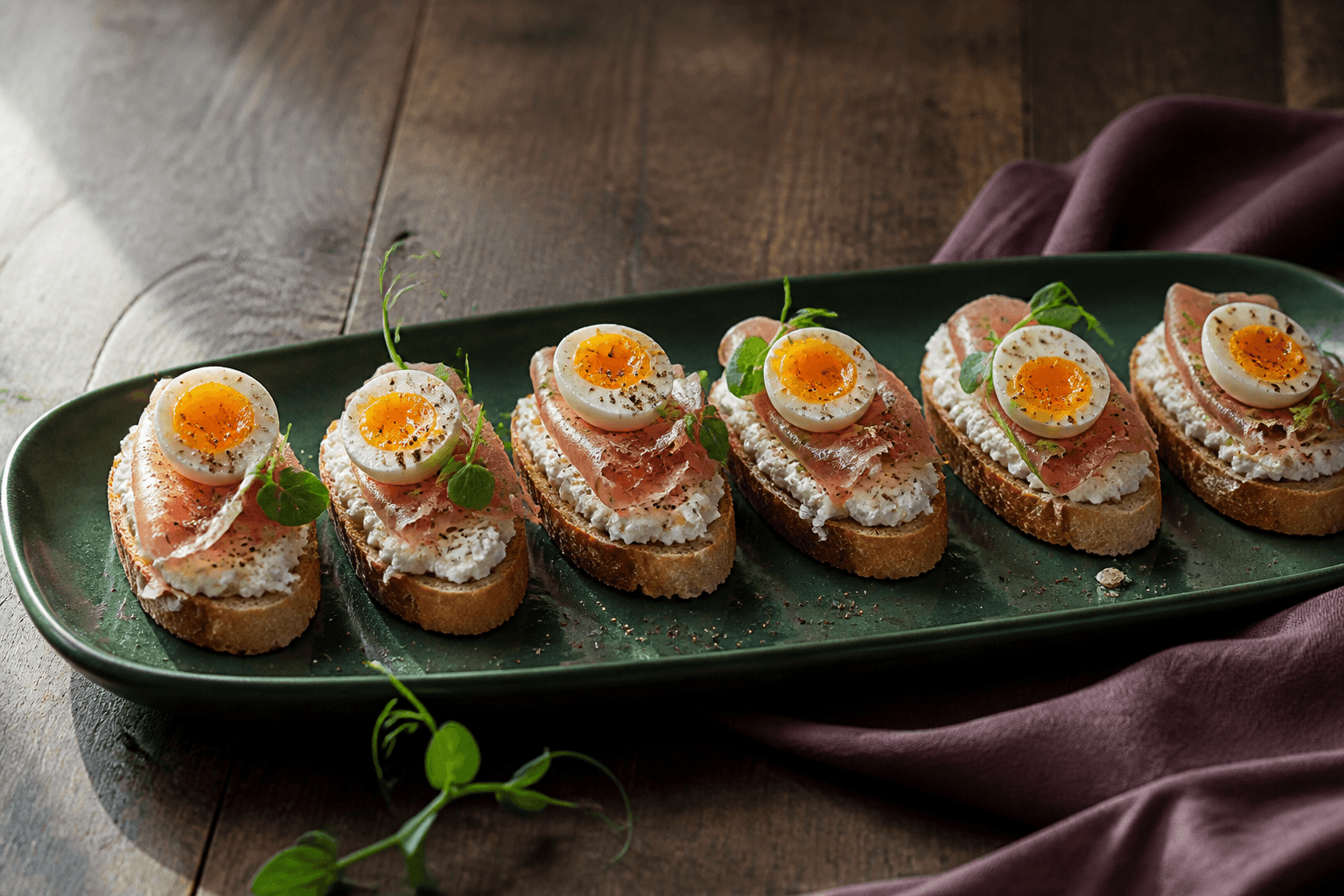 Seks sprøde crostini med citronricotta, foldet parmaskinke, smilende vagtelæg, ærteskud og sort peber på mørkegrønt fad