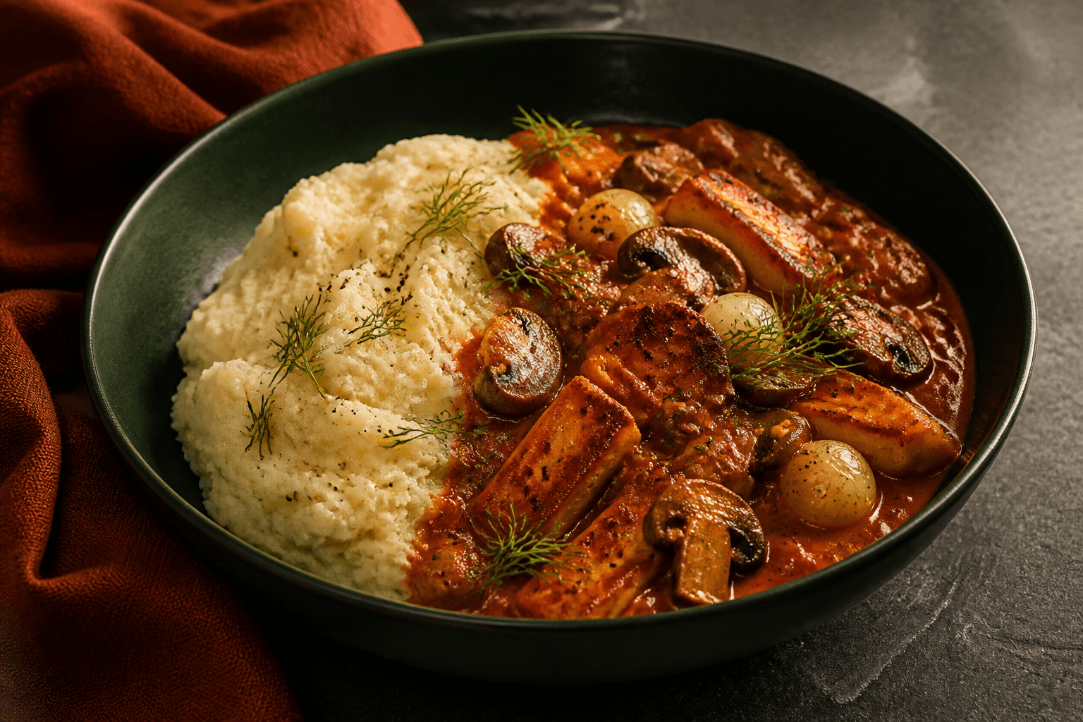 Cremet halloumi-stroganoff med brunede ostestykker, svampe og perleløg ved rustik kartoffel-sellerimos i mørkegrøn skål