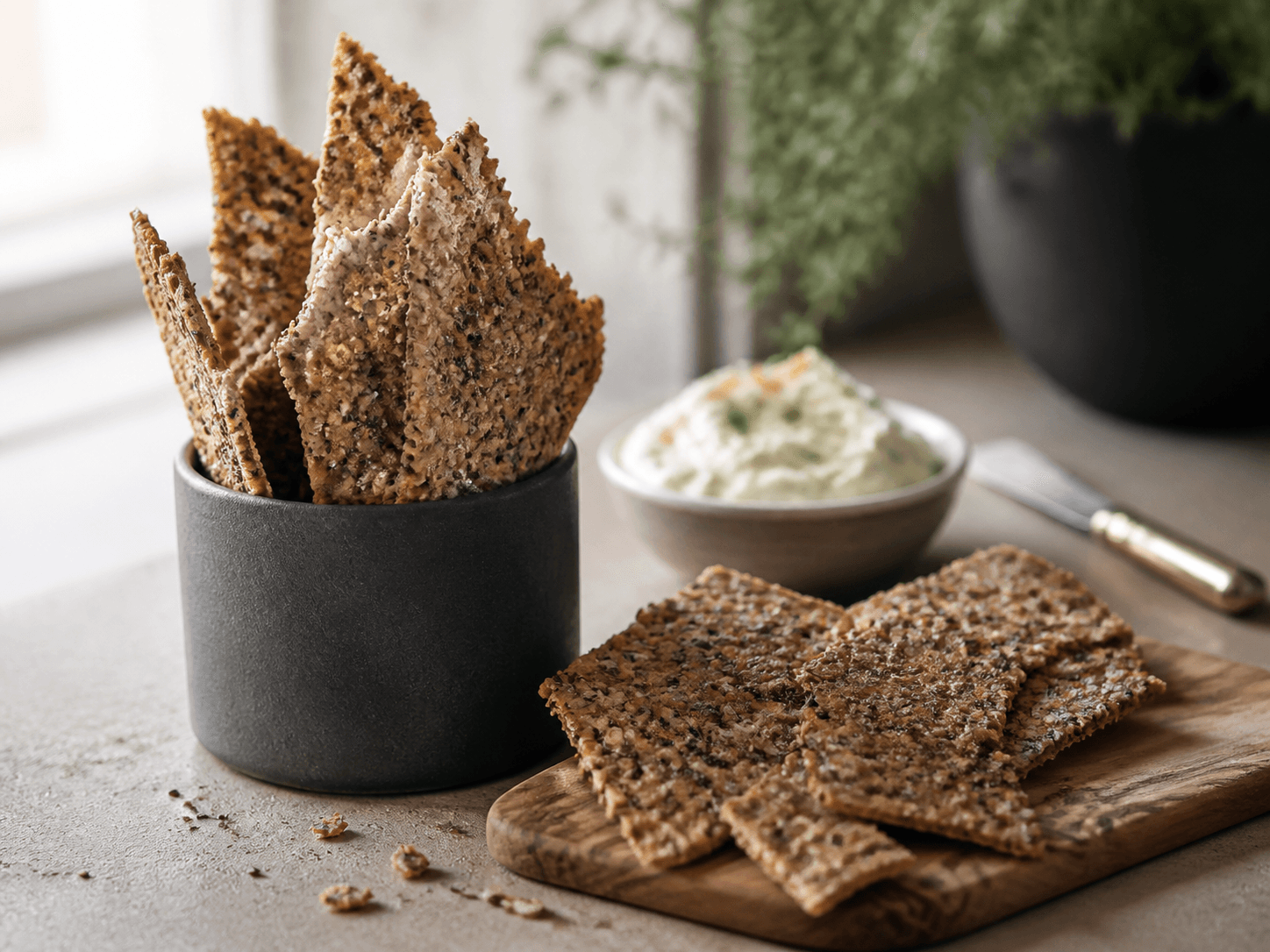 Tynde rustikke rugknækbrød med birkes, sesam, hørfrø, citronpeber og flagesalt i mørkt stentøj og på valnøddebræt