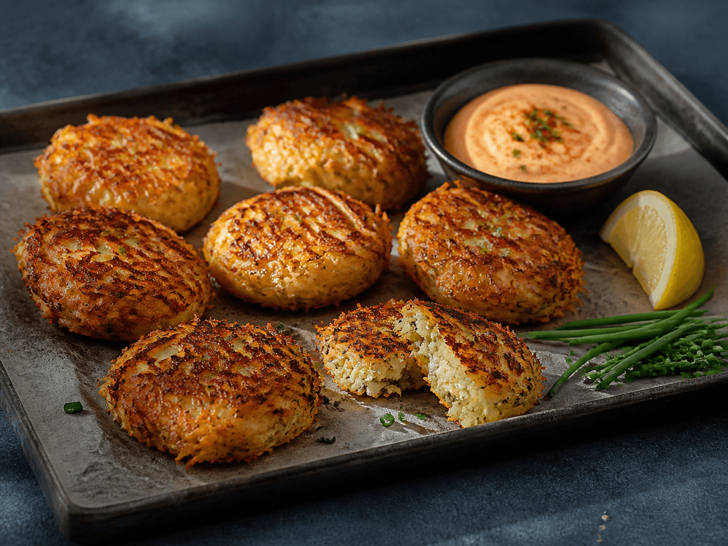 Otte dybt gyldne hash browns med synlige kartoffelstrimler og forårsløg på sort stålbakke med røget paprikacreme, citron og purløg