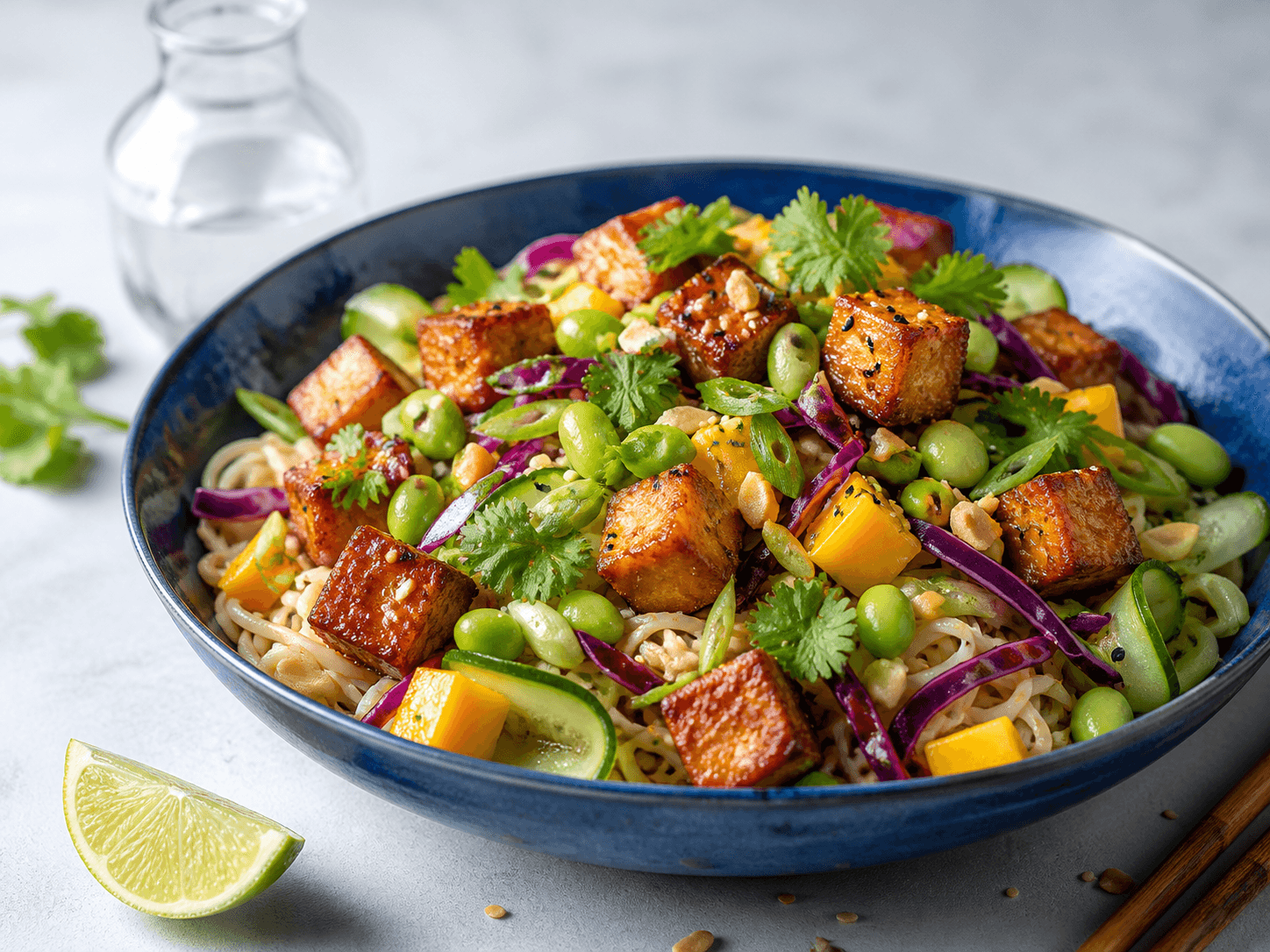 Farverig sur-sød risnudelsalat med sprød tofu, mango, rødkål, agurk, edamame, koriander, sesam og peanuts i mørk koboltblå skål