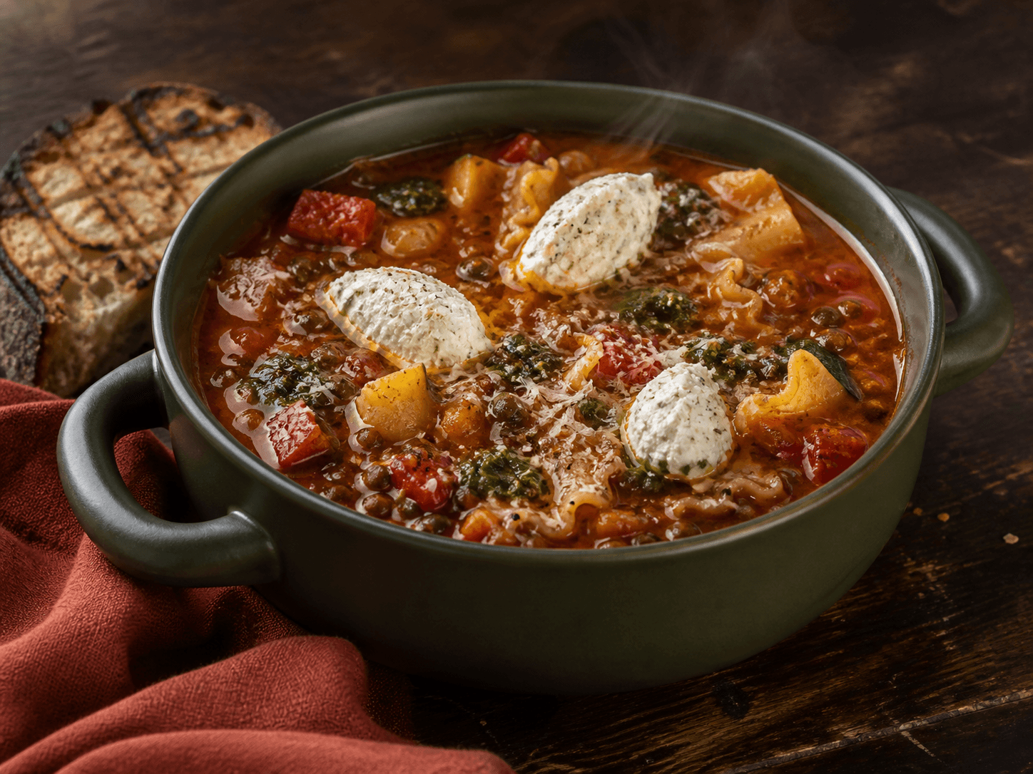 Rustik vegetarisk lasagnesuppe med lasagnebånd, belugalinser, tomat, peberfrugt og squash i grøn gryde med citronricotta og pesto