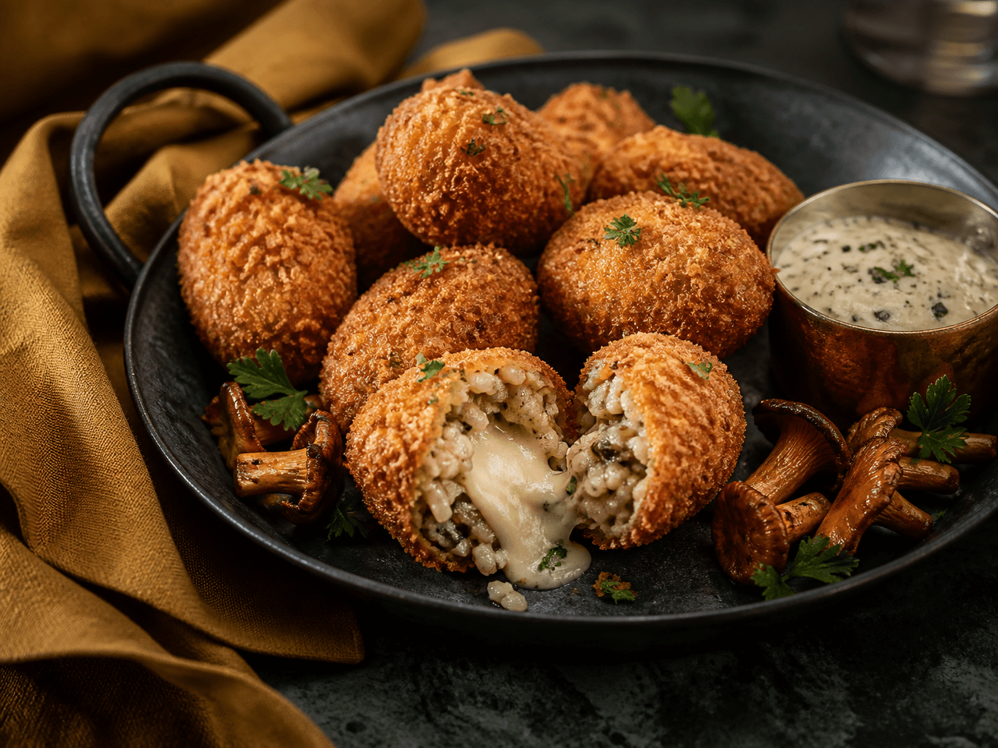 Ni sprøde ovale svampearancini i sort støbejern med én delt omkring smeltet røget mozzarella, kantareller og trøffel-urtemayo i kobberkop